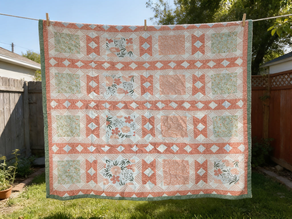 Peach & Green Floral King Quilt – Handmade Square in a Square Patchwork Blanket – Lightweight Heirloom Bedding – Cottage Farmhouse Gift