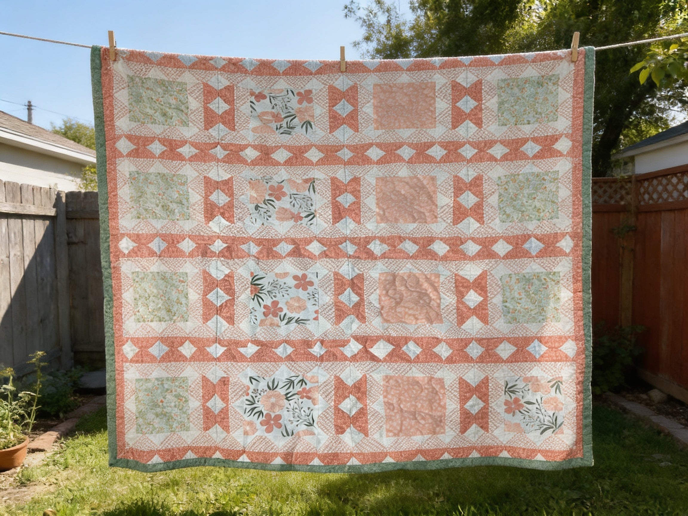 Peach & Green Floral King Quilt – Handmade Square in a Square Patchwork Blanket – Lightweight Heirloom Bedding – Cottage Farmhouse Gift