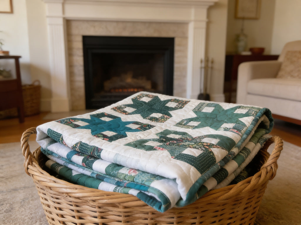 Blue Teal White Geometric Quilt Reversible Handmade Blanket Floral Accent Lightweight Quilt Gift
