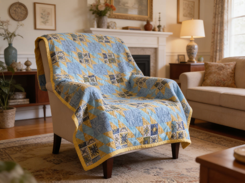Handmade Quilt – Blue Yellow Fabric Geometric Design