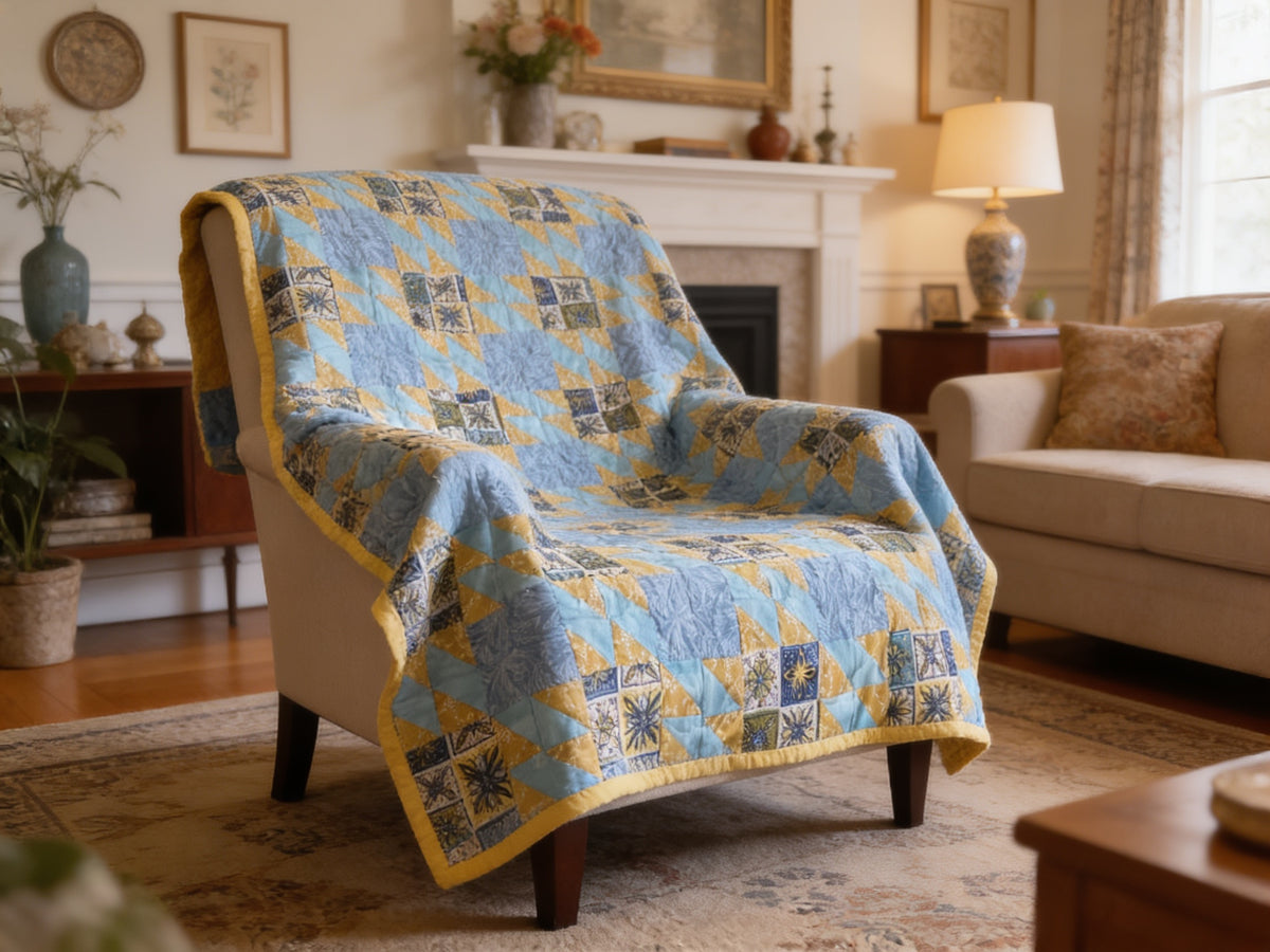 Handmade Quilt – Blue Yellow Fabric Geometric Design