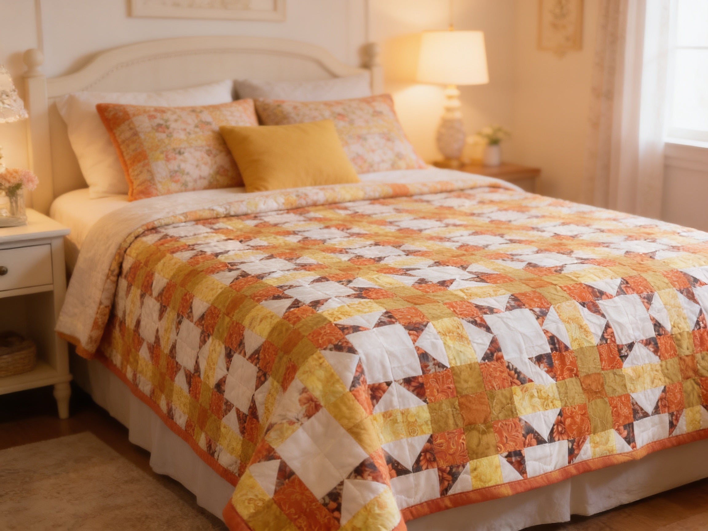 Sunburst Starfire Queen Quilt – Handmade Orange Yellow White Star Pattern Bedspread – Reversible Heirloom Blanket