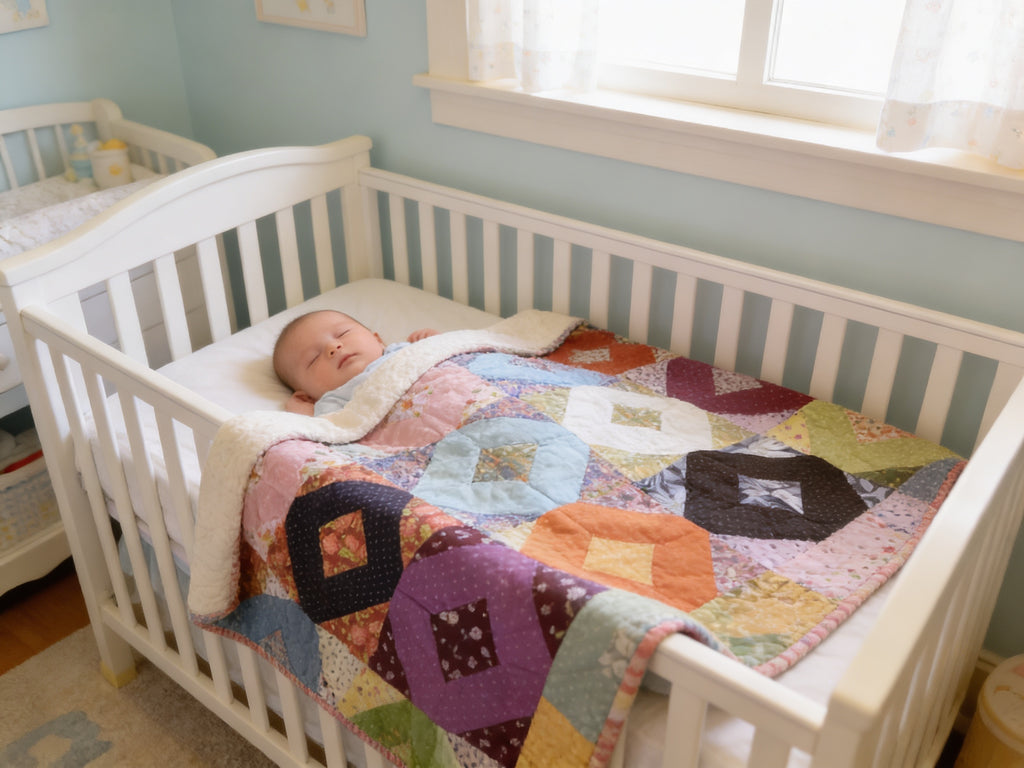 Handmade Rainbow Baby Quilt – Floral Diamond Patchwork Baby Blanket – 43x43 Baby Shower Gift – Cozy Lap Quilt – Machine Washable
