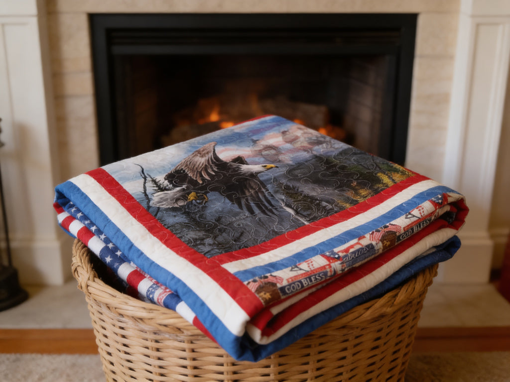 Flying Eagle Patriotic Quilt – Handmade Red White Blue Throw comforter bedspread duvet cover gift idea