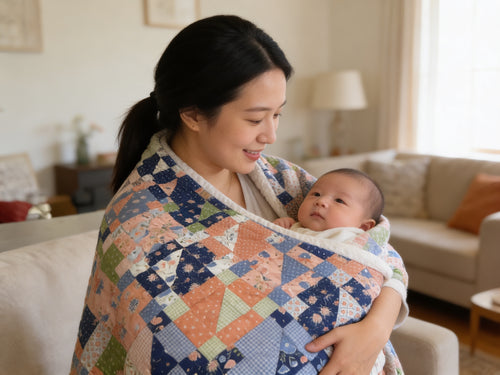 Woman holding a baby wrapped in a colorful quilt in a living room.  A handmade patchwork quilt featuring a classic pinwheel block design in soft peach, navy blue, periwinkle, sage green, and white. The quilt is pieced with coordinating floral prints, gingham checks, tiny blossoms, and peach-themed novelty fabrics, creating a fresh cottage-inspired look. Each pinwheel block is unique while maintaining a harmonious color palette. A crisp white border frames the quilt, and decorative free-motion quilting adds 