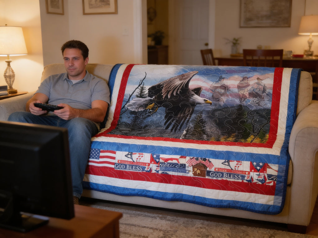Flying Eagle Patriotic Quilt – Handmade Red White Blue Throw comforter bedspread duvet cover gift idea