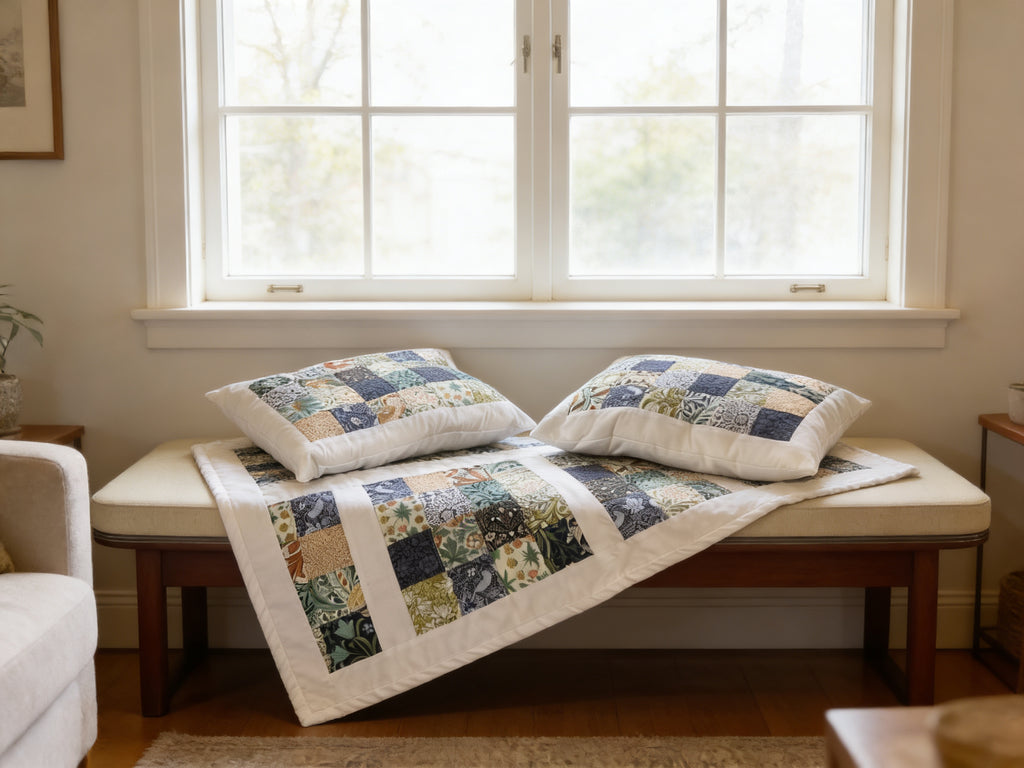 Handmade Blue Floral Cotton Pillow & Bed Runner Set comforter bedspread gift idea