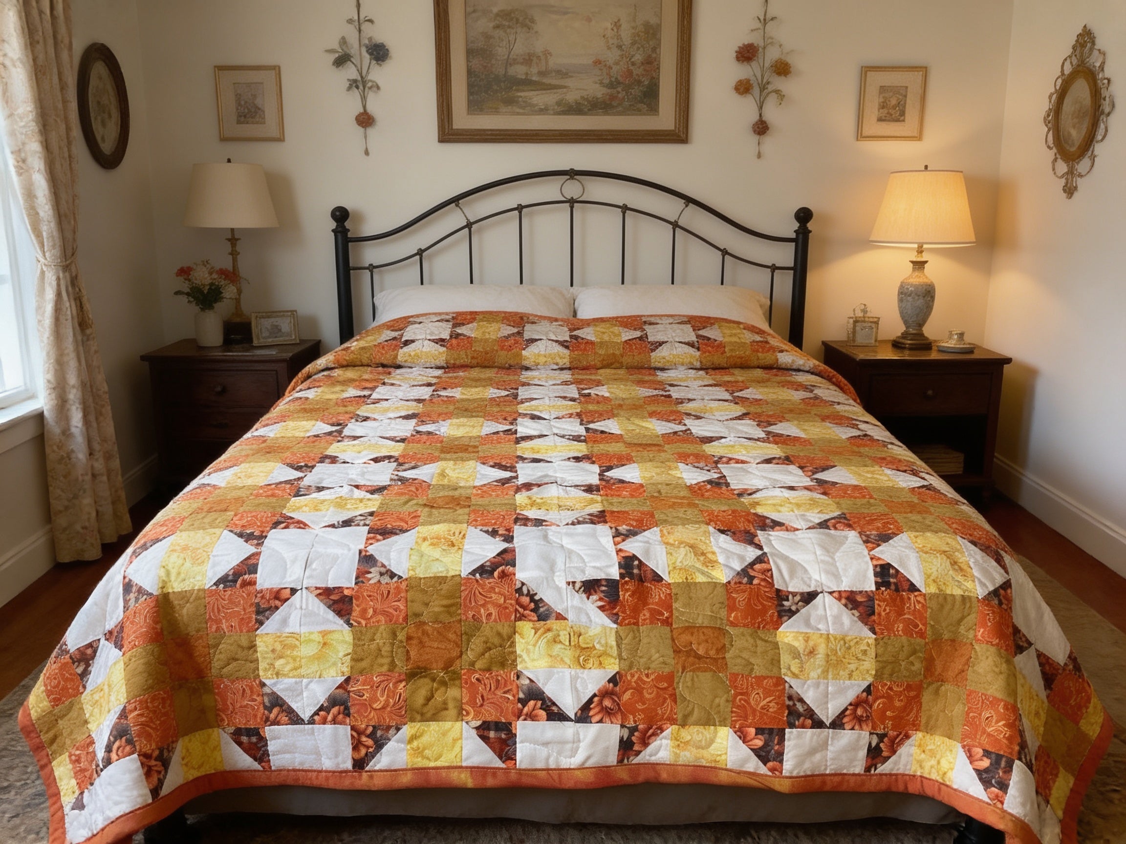 Sunburst Starfire Queen Quilt – Handmade Orange Yellow White Star Pattern Bedspread – Reversible Heirloom Blanket
