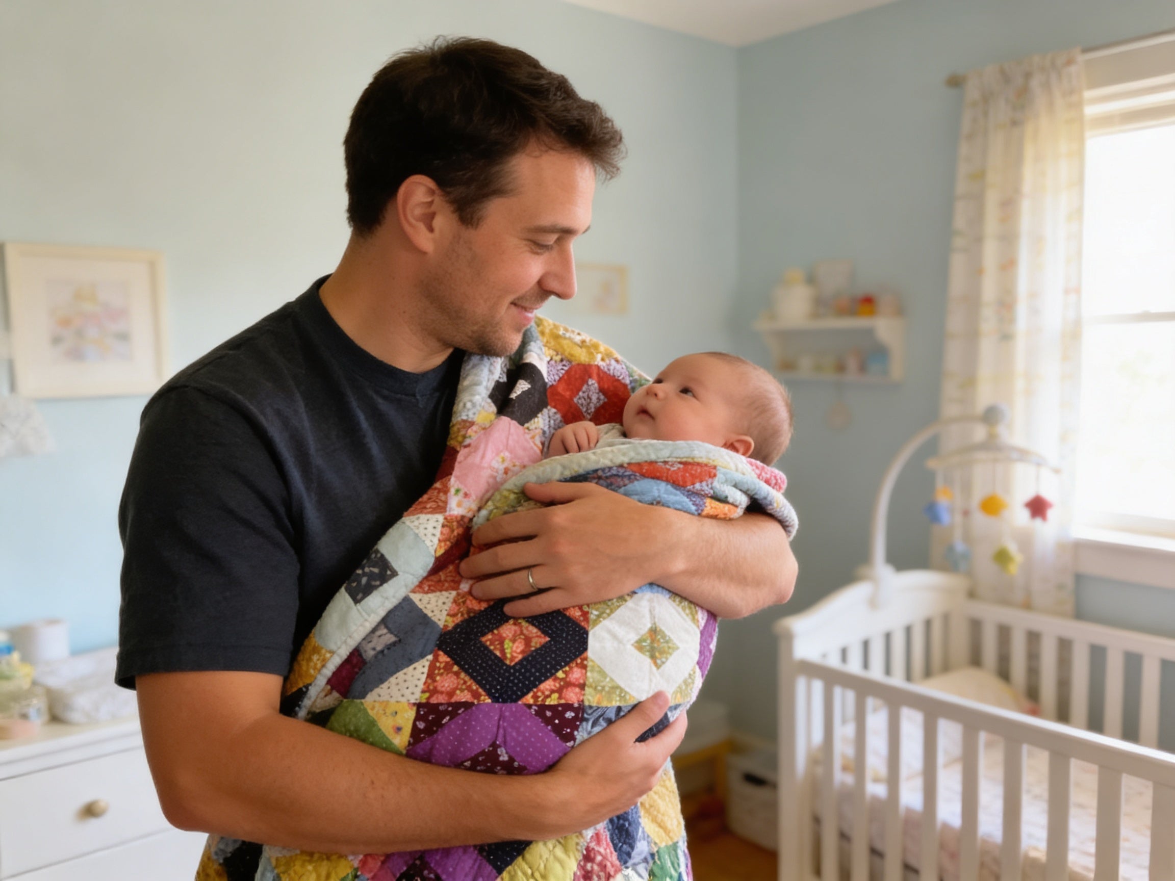 Handmade Rainbow Baby Quilt – Floral Diamond Patchwork Baby Blanket – 43x43 Baby Shower Gift – Cozy Lap Quilt – Machine Washable