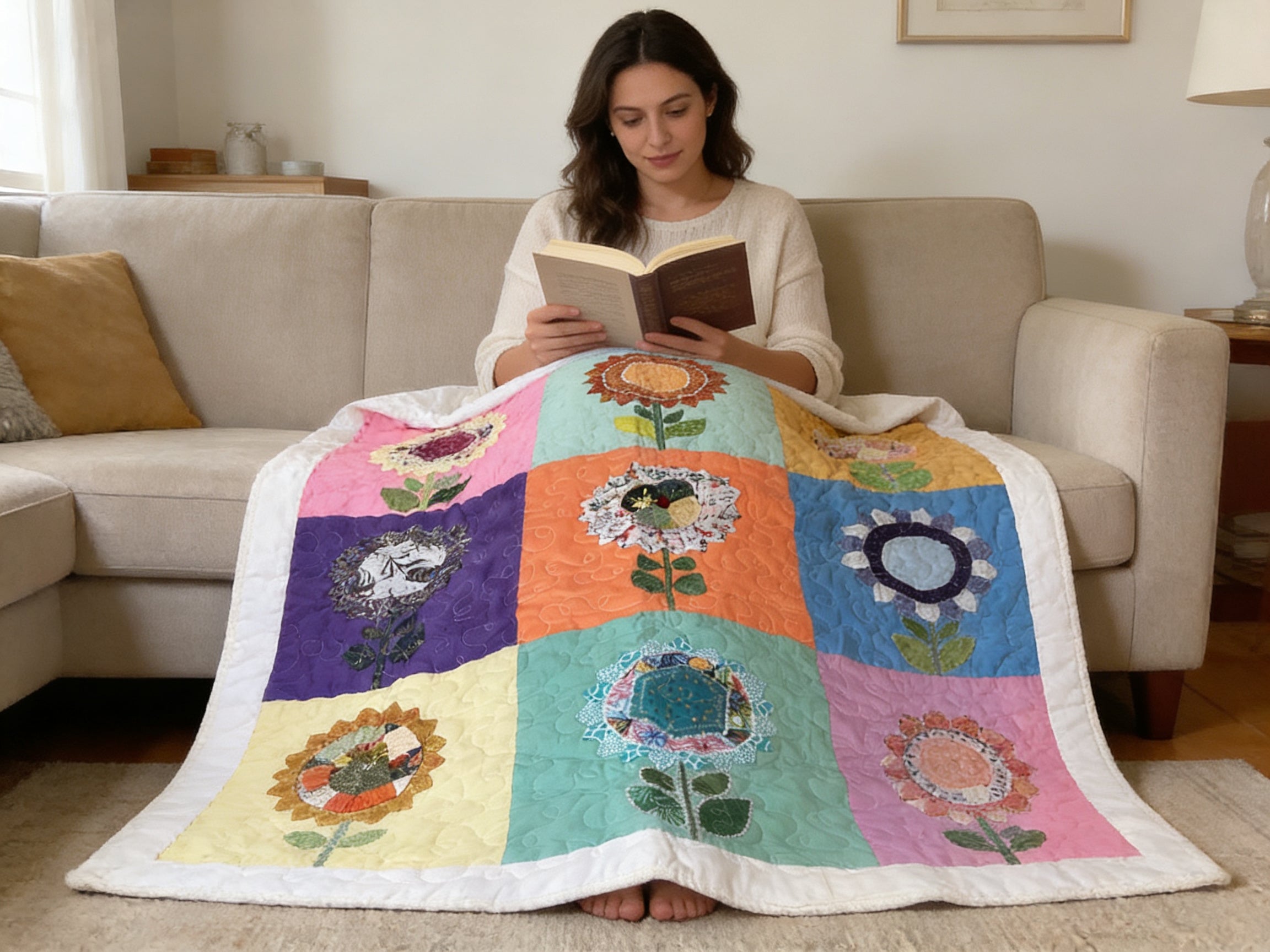 Handmade Appliqué Flower Quilt – Vibrant Rainbow Floral Throw Blanket baby quilt blanket  comforter bedspread nursey decor gift idea