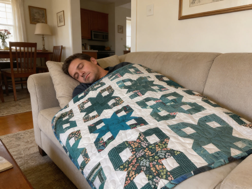 Blue Teal White Geometric Quilt Reversible Handmade Blanket Floral Accent Lightweight Quilt Gift