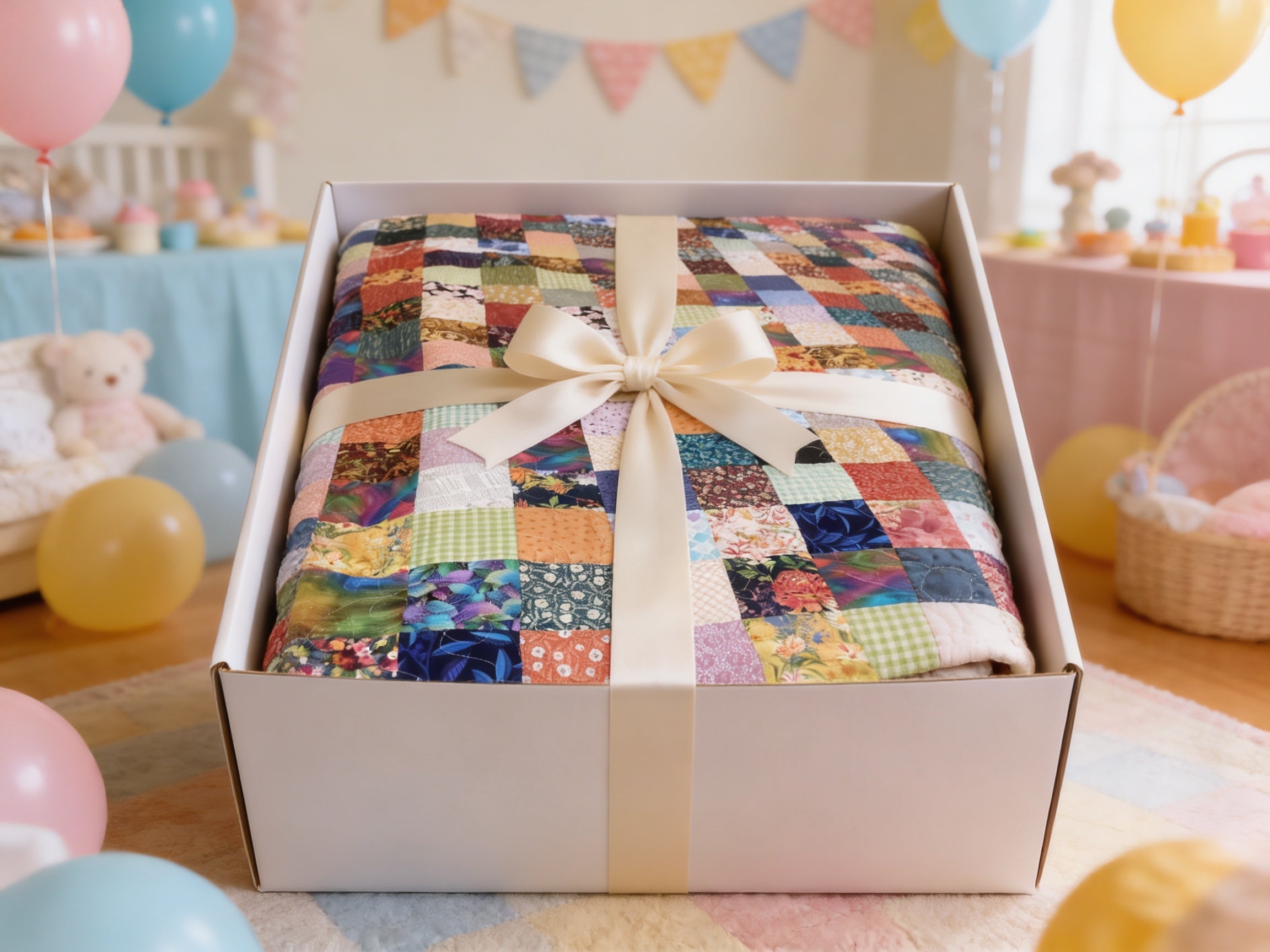 Rainbow Patchwork Quilt – Boho Baby Blanket, Nursery Decor, Cotton Fabric, Peacock Trim