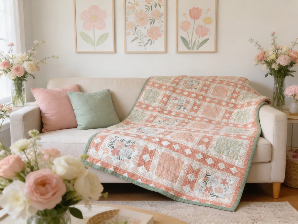 Peach & Green Floral King Quilt – Handmade Square in a Square Patchwork Blanket – Lightweight Heirloom Bedding – Cottage Farmhouse Gift