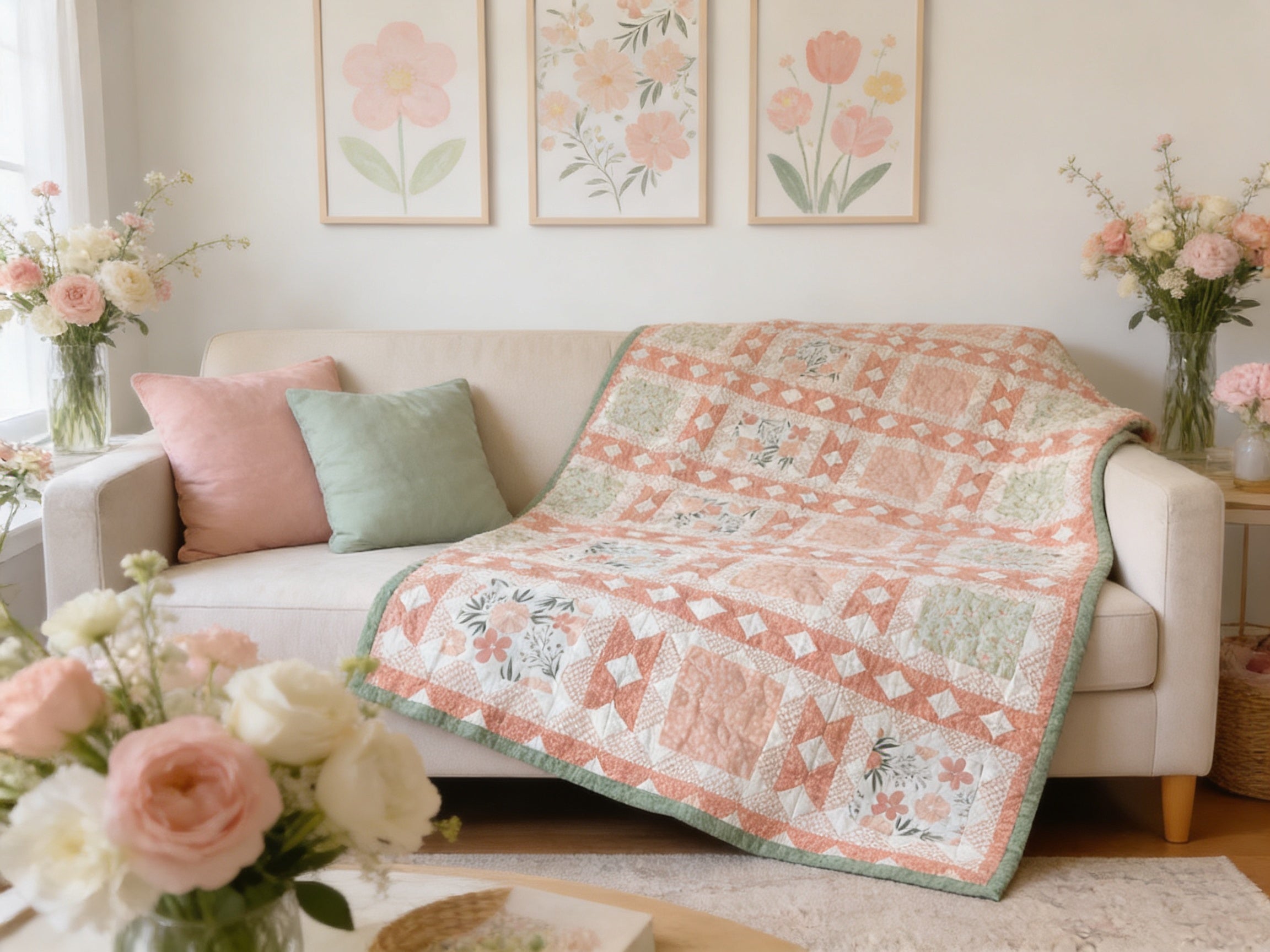 Peach & Green Floral King Quilt – Handmade Square in a Square Patchwork Blanket – Lightweight Heirloom Bedding – Cottage Farmhouse Gift