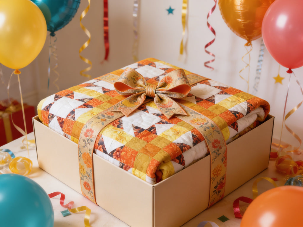Sunburst Starfire Queen Quilt – Handmade Orange Yellow White Star Pattern Bedspread – Reversible Heirloom Blanket