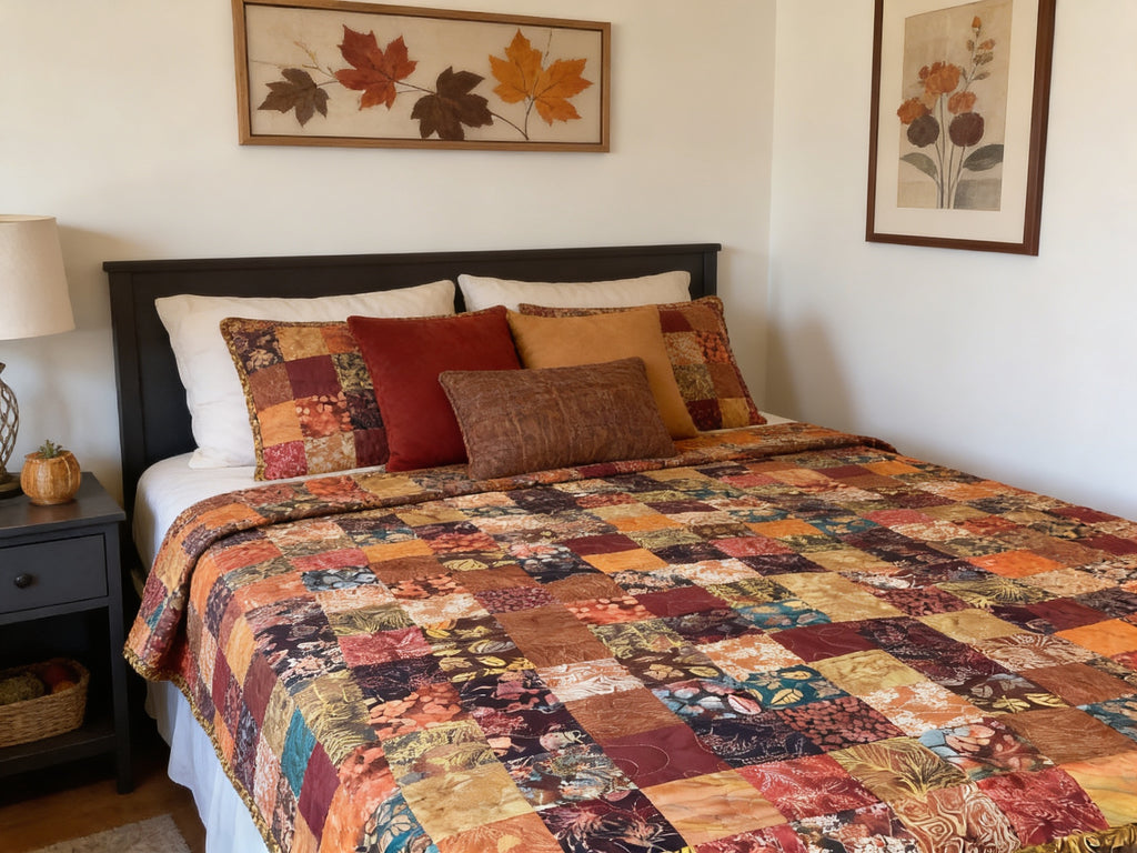Handmade Earth Tone Patchwork Quilt – Queen Size Cotton Comforter Bedspread
