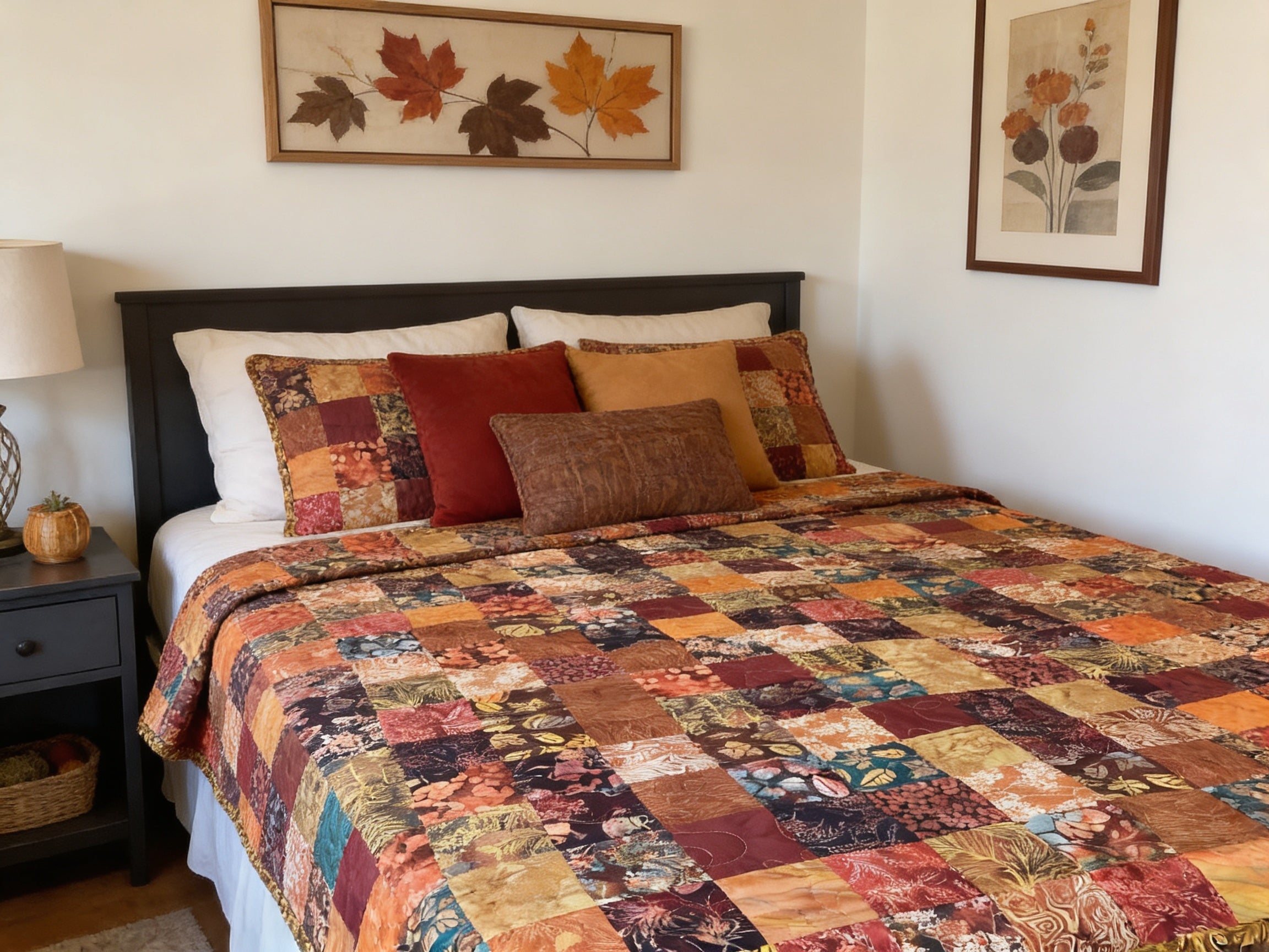 Handmade Earth Tone Patchwork Quilt – Queen Size Cotton Comforter Bedspread