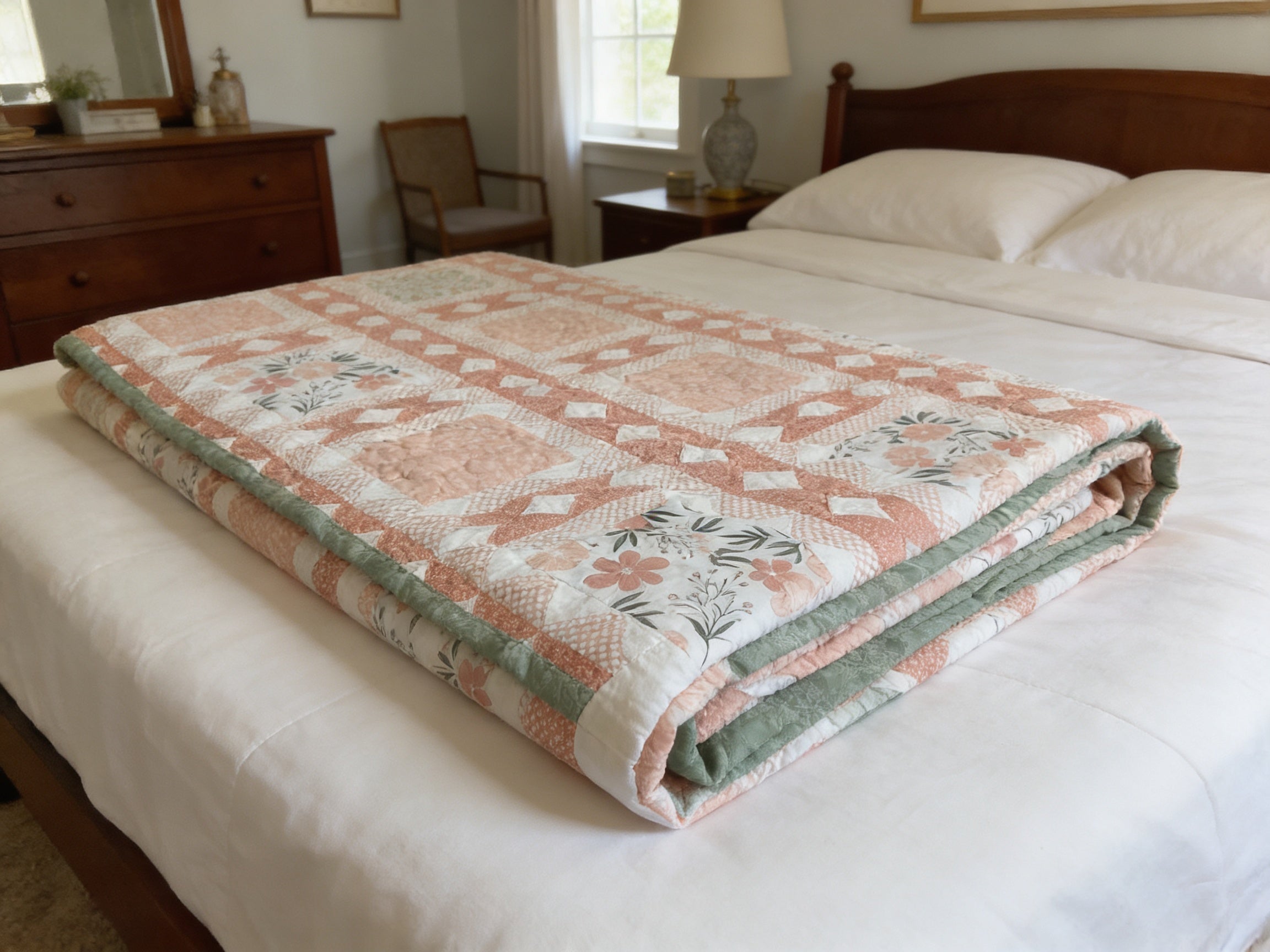 Peach & Green Floral King Quilt – Handmade Square in a Square Patchwork Blanket – Lightweight Heirloom Bedding – Cottage Farmhouse Gift
