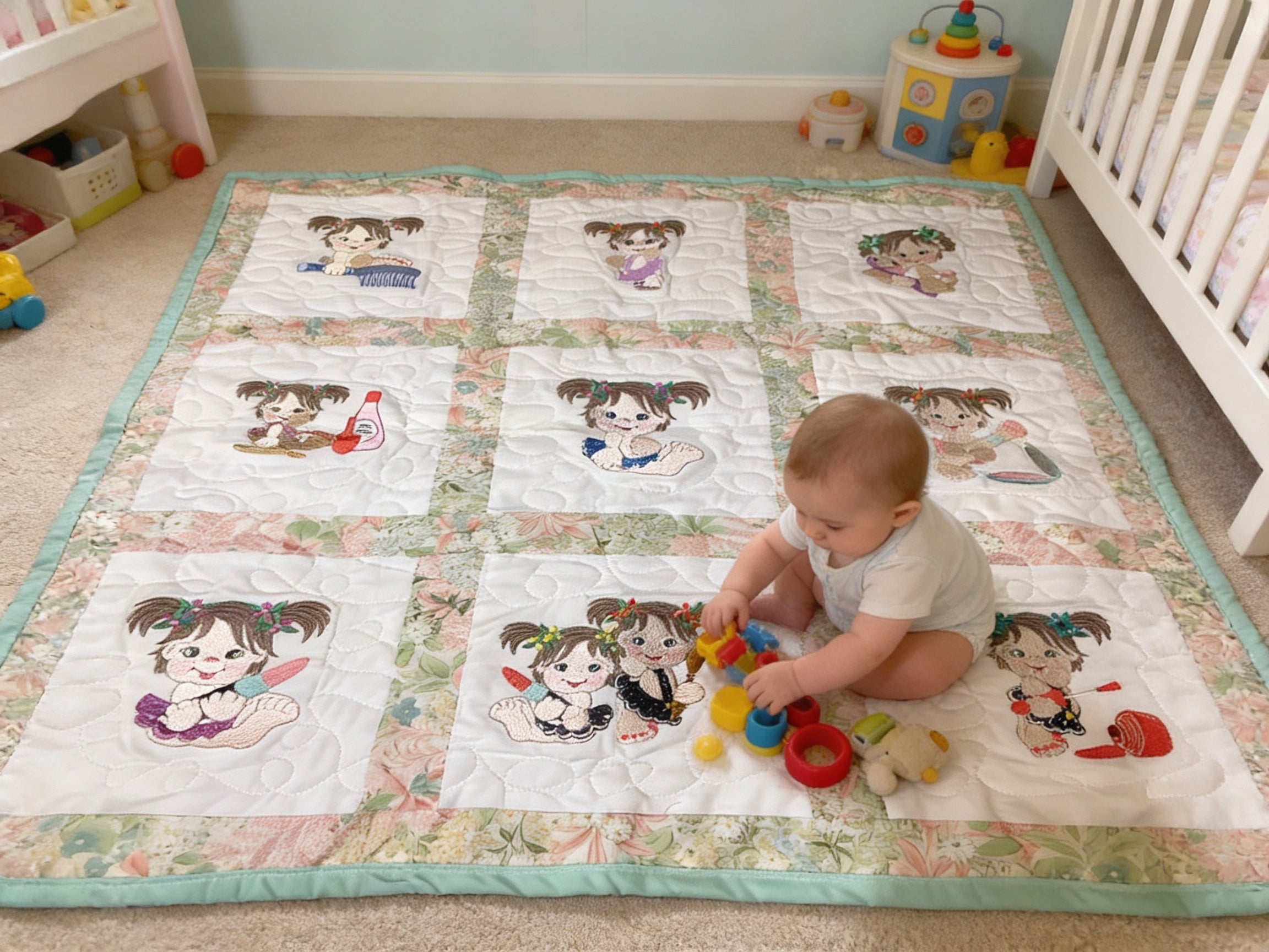 Handmade Embroidered Baby Girls Quilt Art – Colorful Nursery Decor – Baby Shower Gift Idea