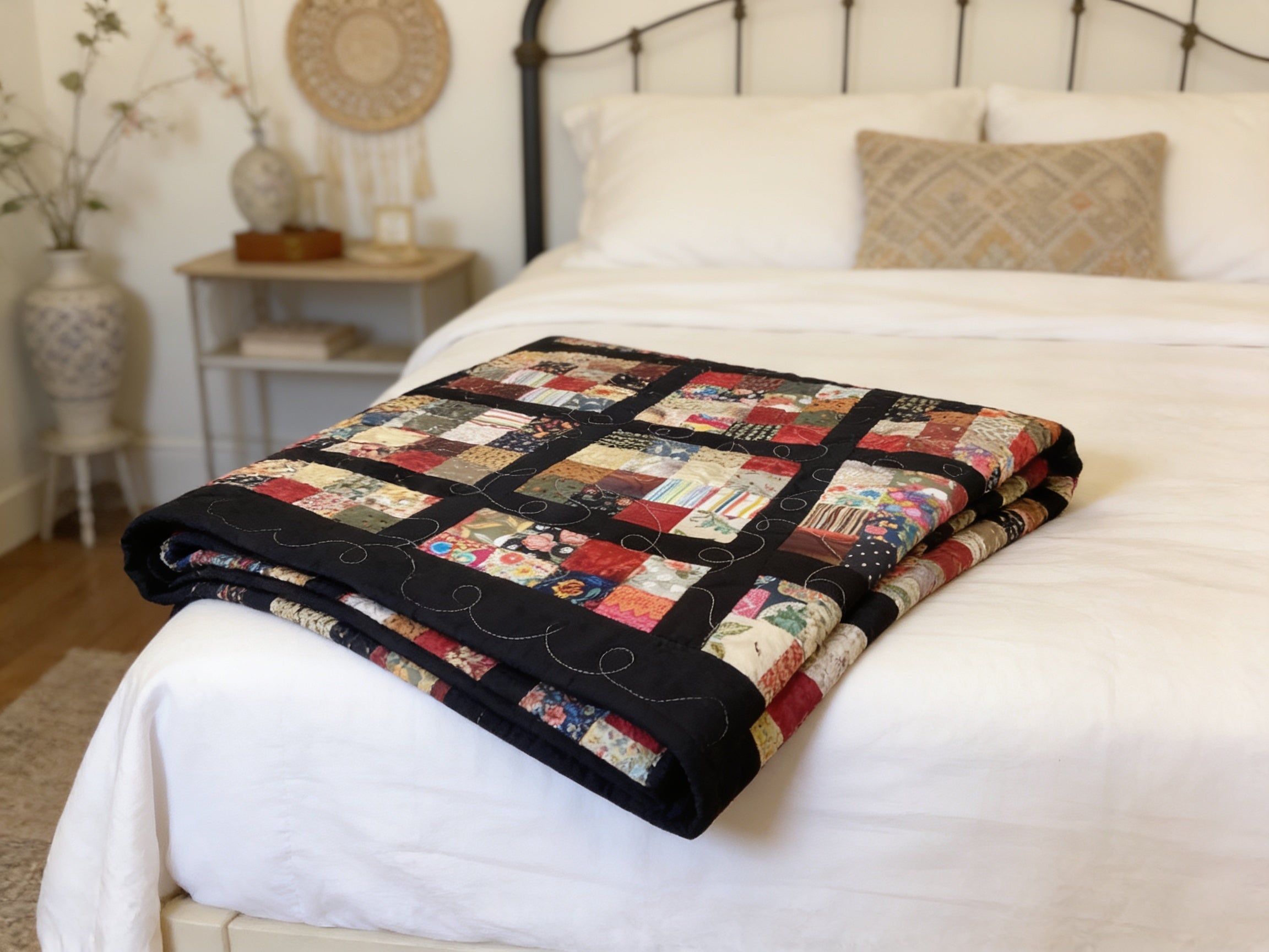 Rainbow colored block boho style queen size quilt blanket hand made quilt bedspread comforter throw blanket duvet cover