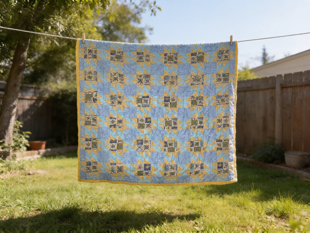 Handmade Quilt – Blue Yellow Fabric Geometric Design