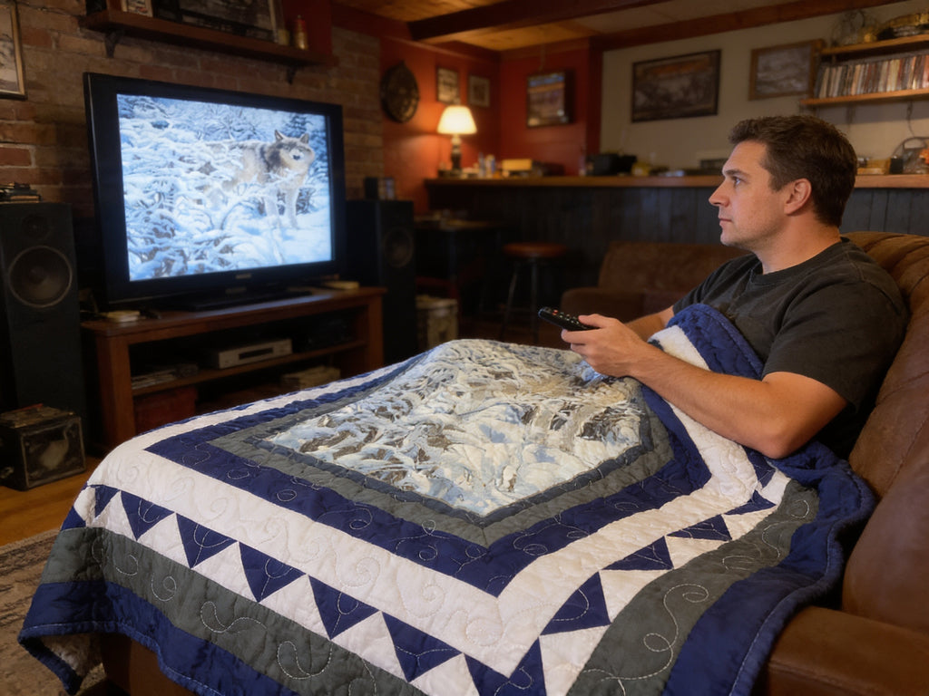 Handmade Wolf Winter Scene Quilt – Cozy full/ throw Blanket with Royal Blue Backing  comforter bedspread duvet cover