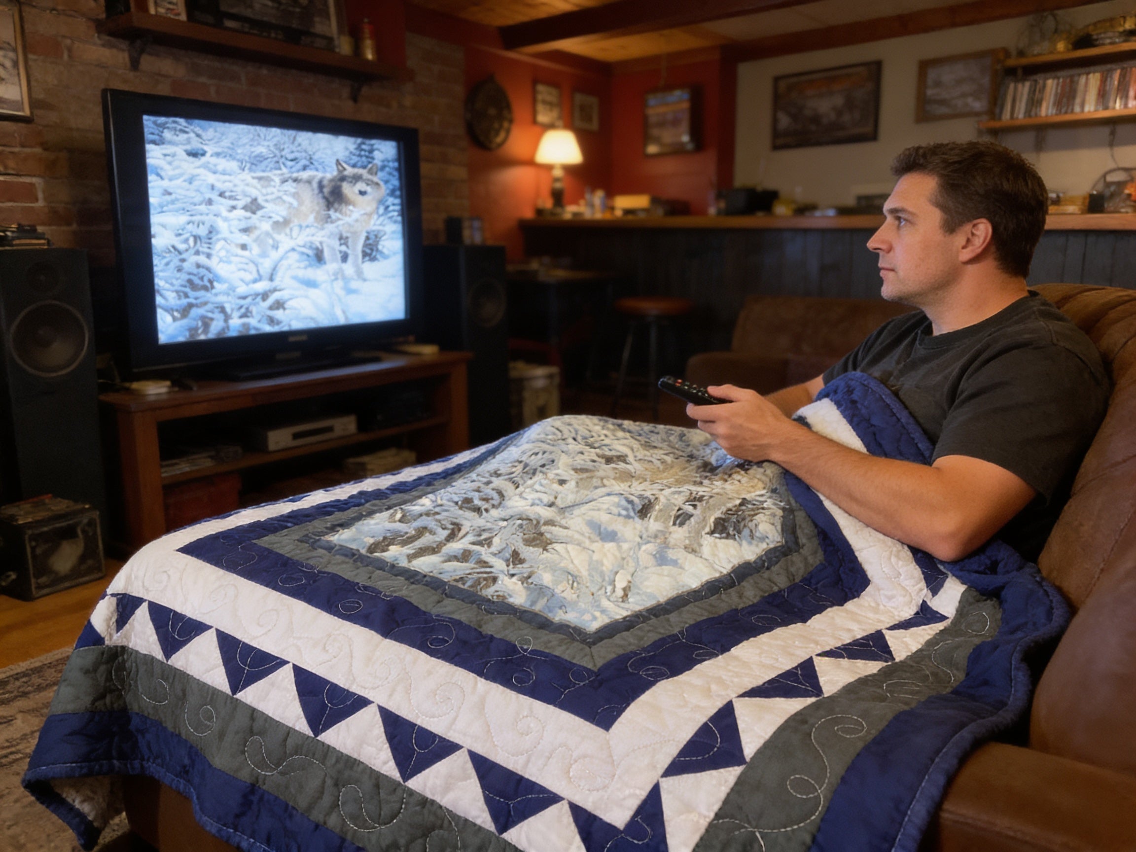 Handmade Wolf Winter Scene Quilt – Cozy full/ throw Blanket with Royal Blue Backing  comforter bedspread duvet cover