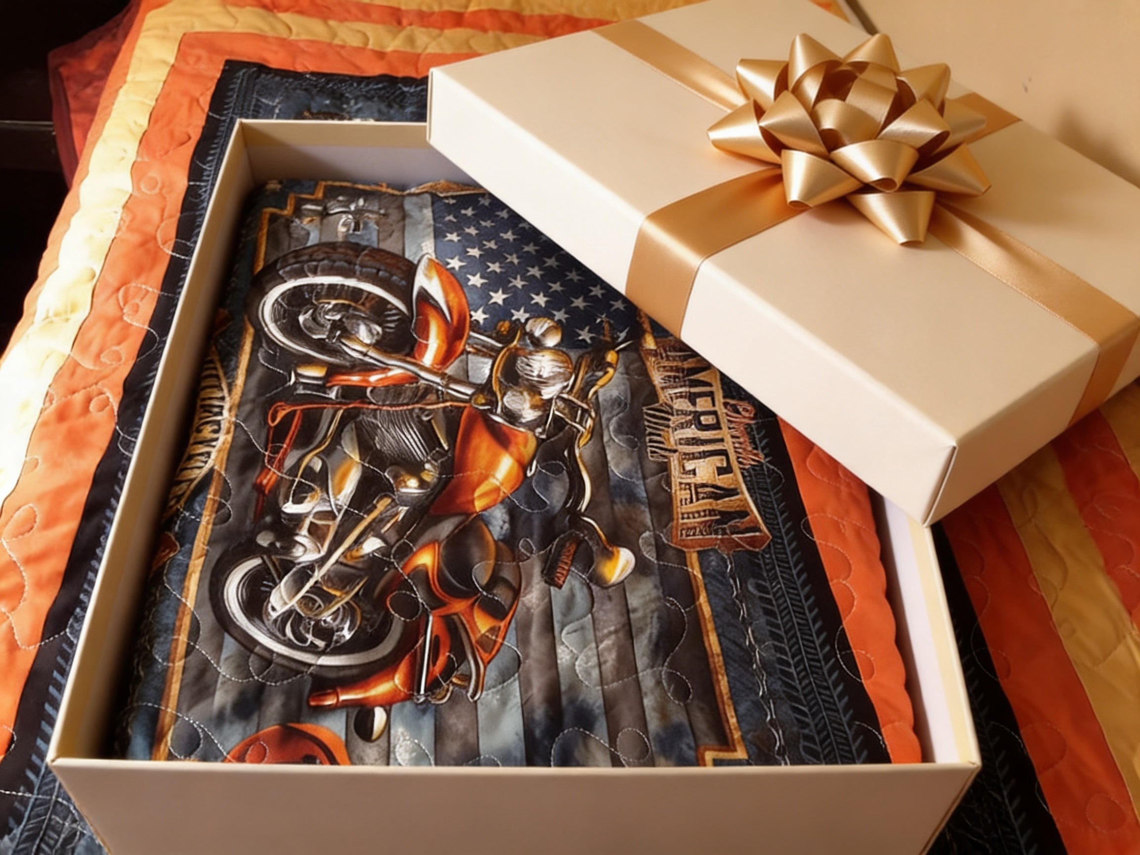 Americana Motorcycle Quilt  comforter bedspread duvet cover gift idea