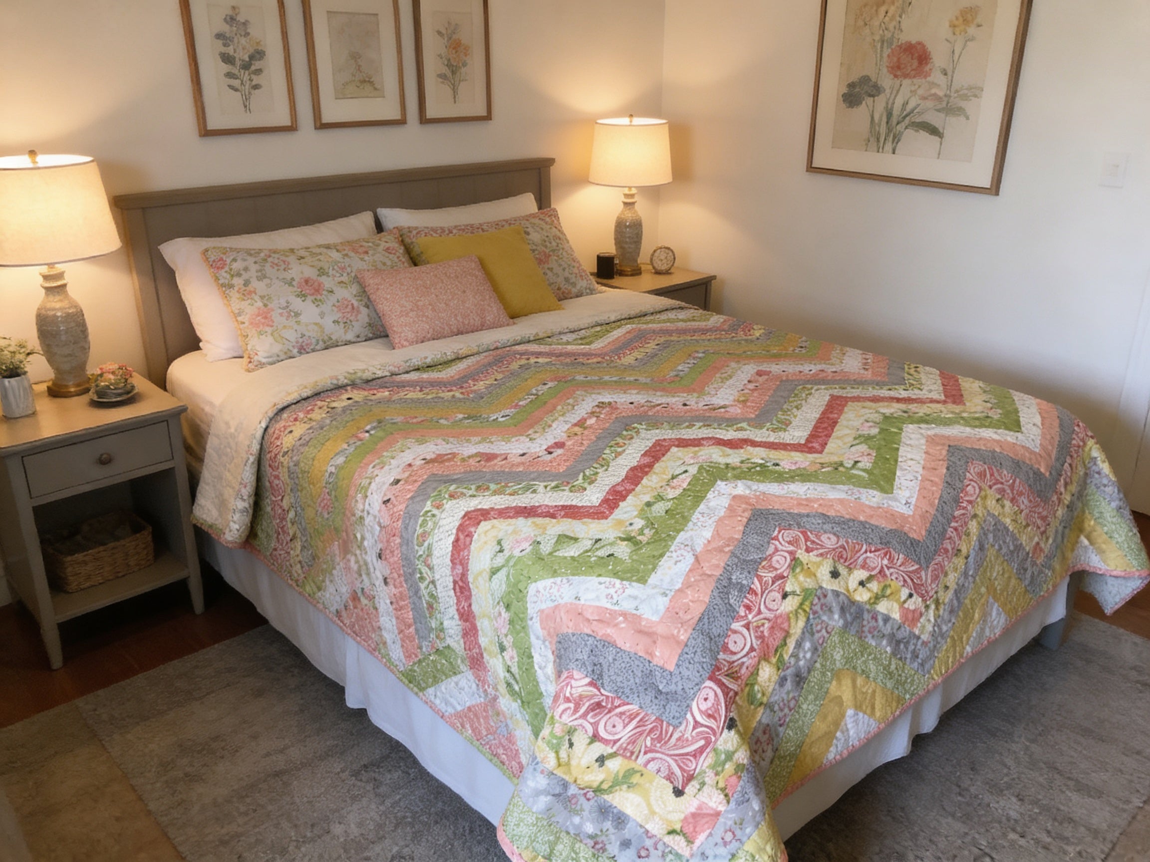 Handmade Chevron Pattern King Size Quilt – Soft Pastel Colors, Personalized comforter bedspread duvet cover throw blanket