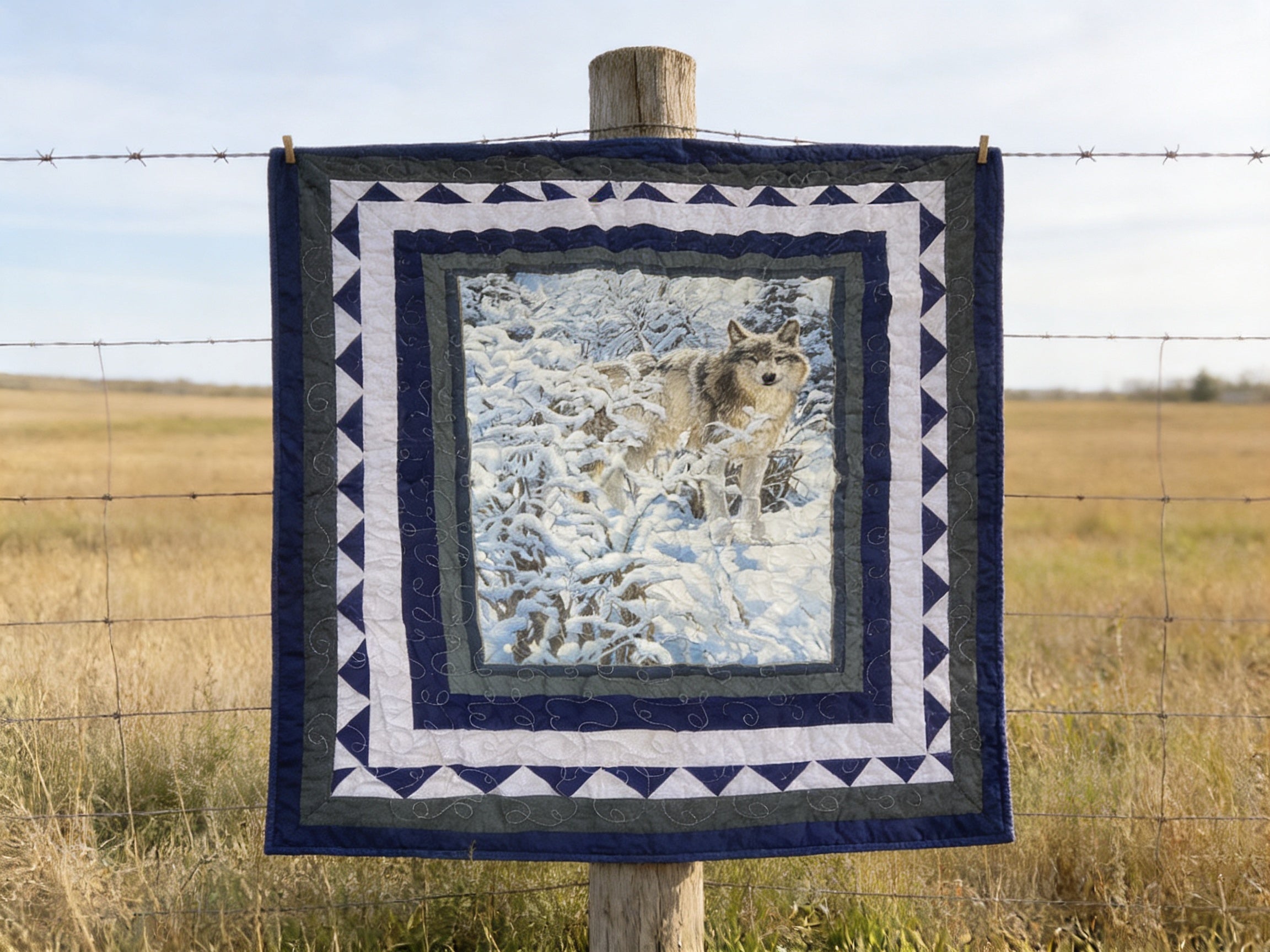 Handmade Wolf Winter Scene Quilt – Cozy full/ throw Blanket with Royal Blue Backing  comforter bedspread duvet cover