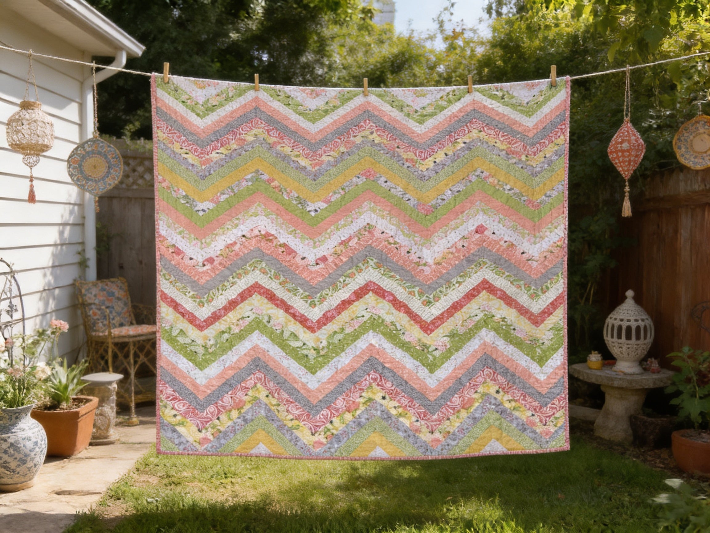 Handmade Chevron Pattern King Size Quilt – Soft Pastel Colors, Personalized comforter bedspread duvet cover throw blanket