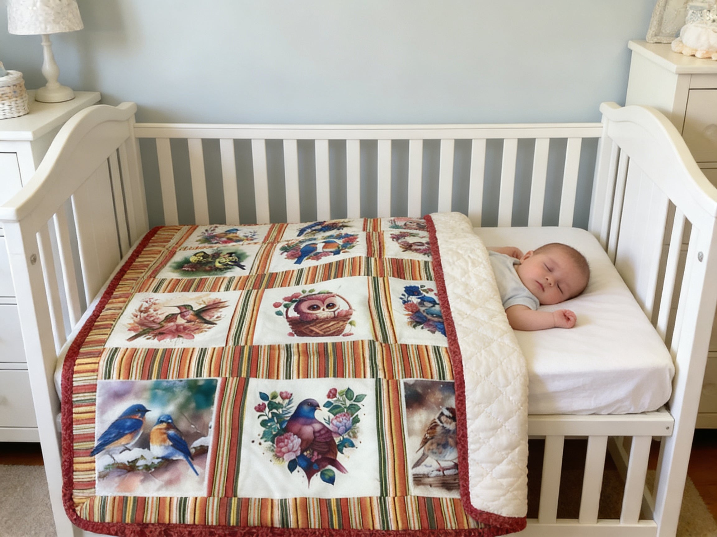 Handmade Bird Lap Quilt - Colorful Baby Blanket baby quilt baby blanket nursery decor new born gift idea