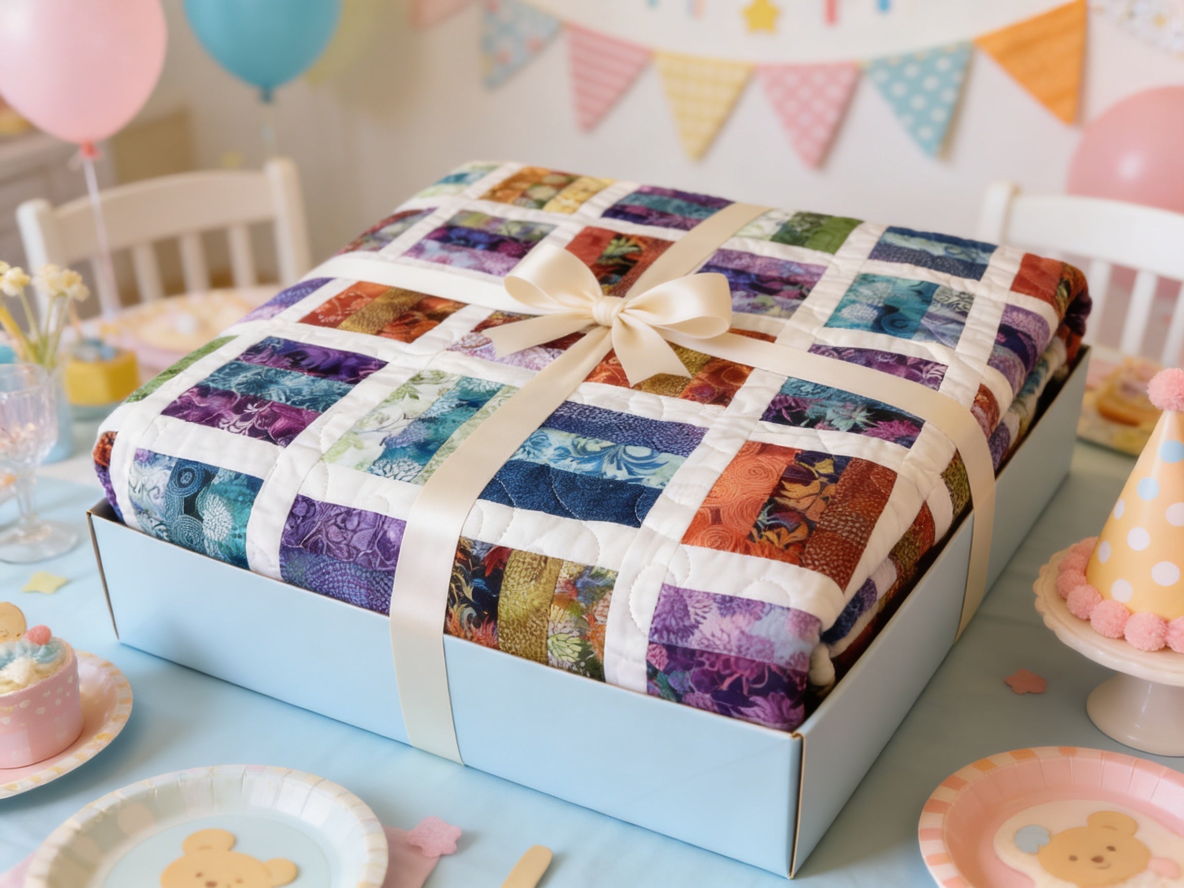 Handmade Rainbow Mosaic Baby Quilt – One of a Kind Colorful Patchwork Nursery Quilt, Baby Shower Gift