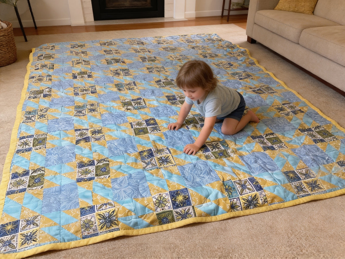 Handmade Quilt – Blue Yellow Fabric Geometric Design