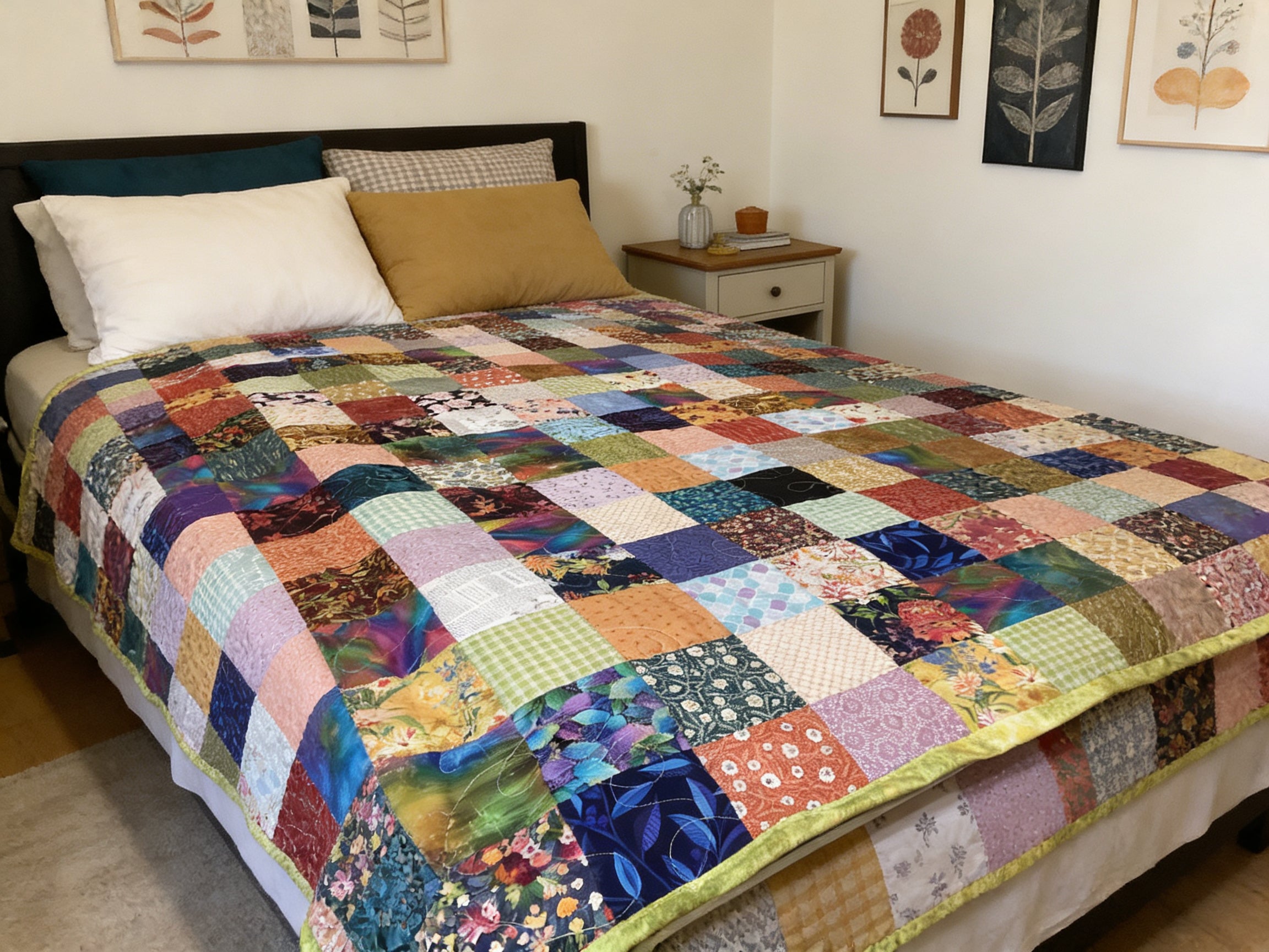 Handmade Colorful Floral Patchwork Quilt Reversible Lime Green Backing comforter for your bed cozy warm bedspread throw blanket