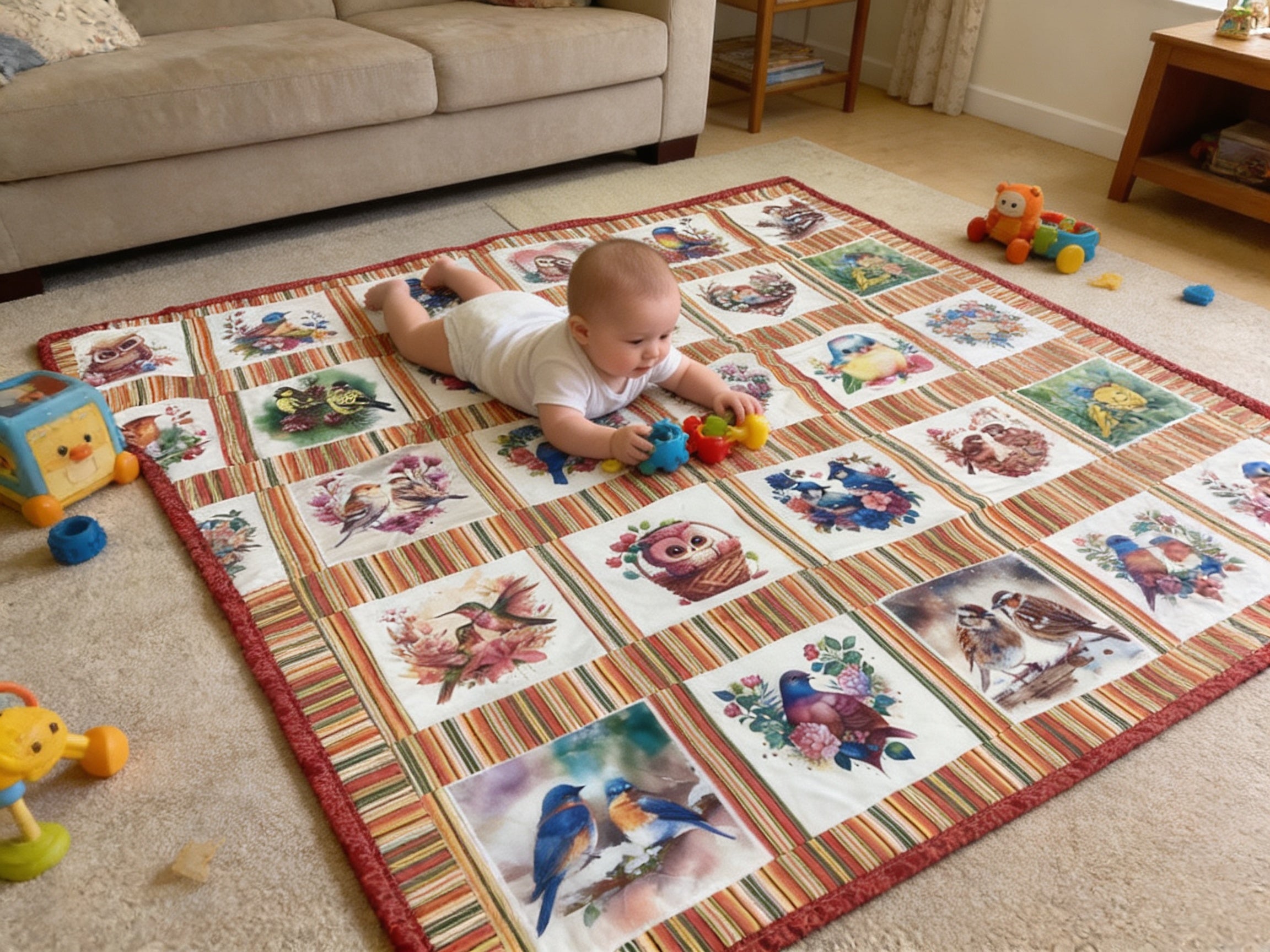 Handmade Bird Lap Quilt - Colorful Baby Blanket baby quilt baby blanket nursery decor new born gift idea