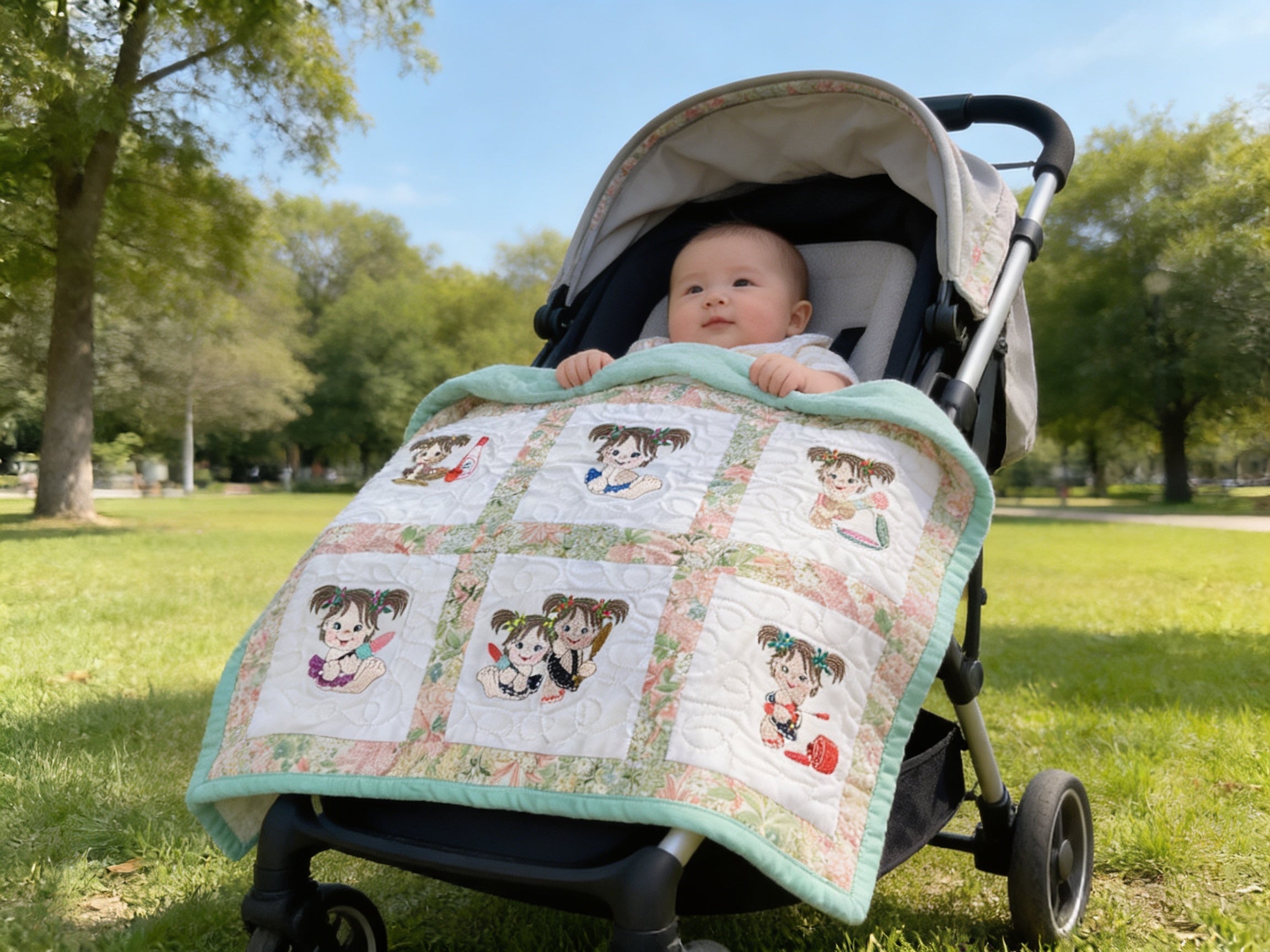 Handmade Embroidered Baby Girls Quilt Art – Colorful Nursery Decor – Baby Shower Gift Idea