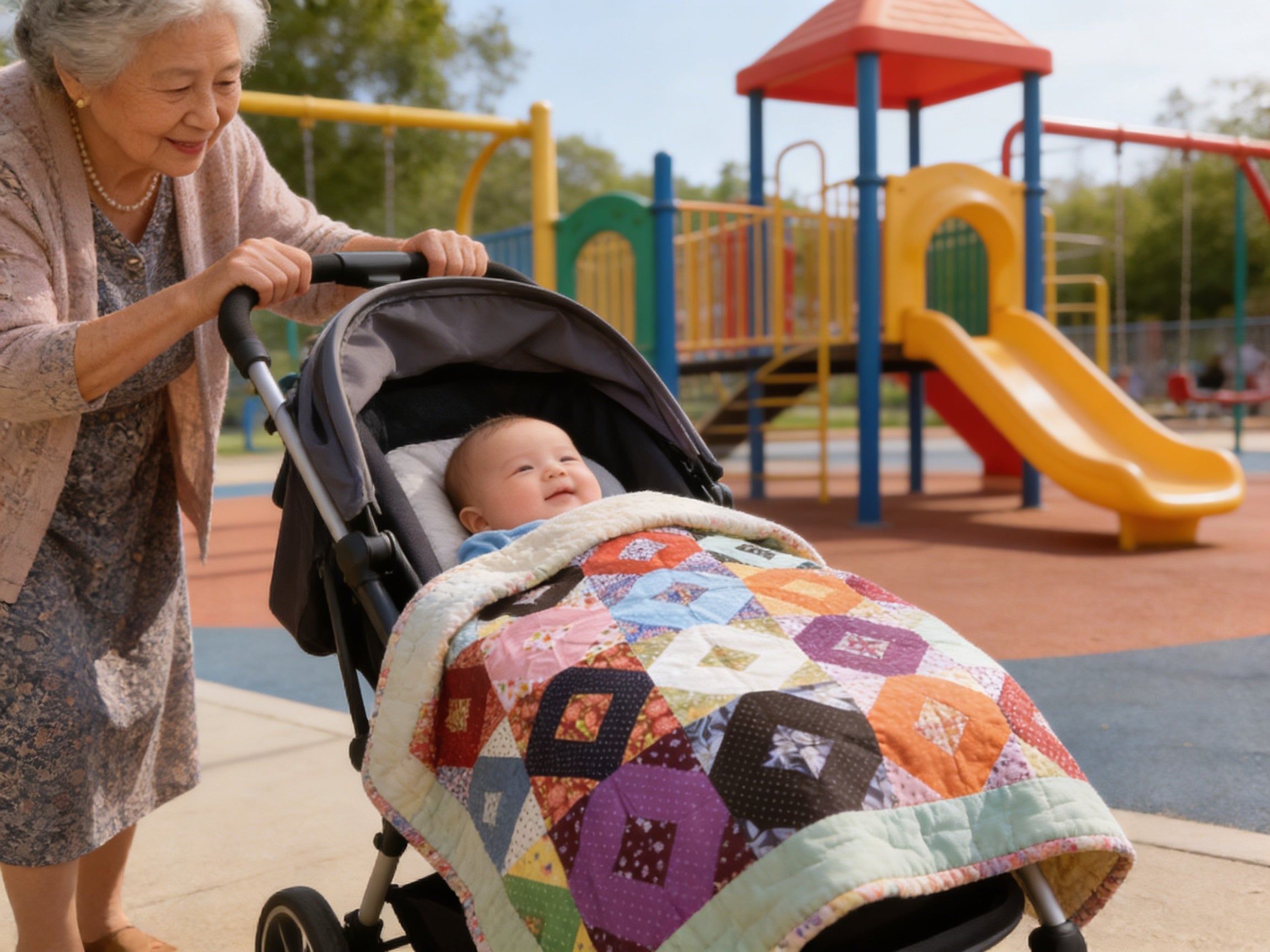 Handmade Rainbow Baby Quilt – Floral Diamond Patchwork Baby Blanket – 43x43 Baby Shower Gift – Cozy Lap Quilt – Machine Washable