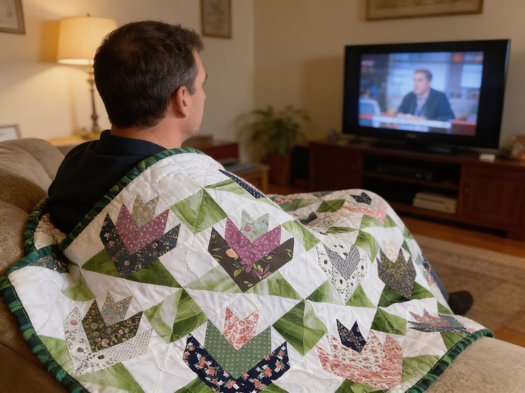 Handmade Tulip Quilt Extra Large Full Size – Floral Patchwork Blanket with Reversible Leaf Backing, Long Arm Quilted Heirloom Bedding