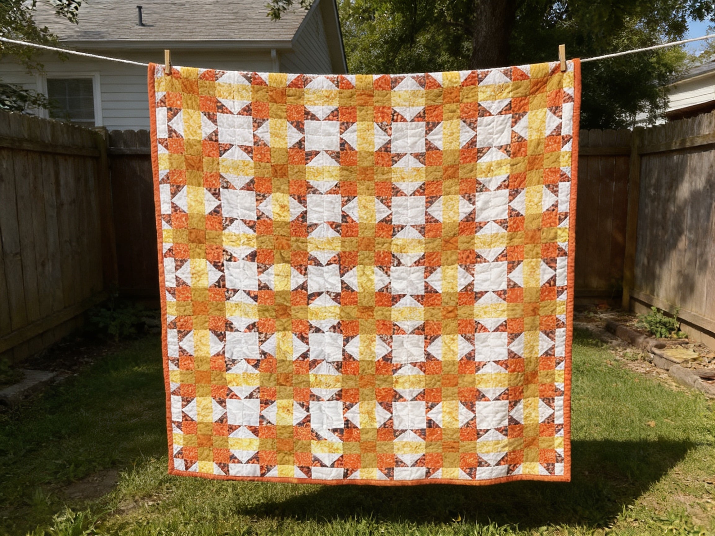 Sunburst Starfire Queen Quilt – Handmade Orange Yellow White Star Pattern Bedspread – Reversible Heirloom Blanket