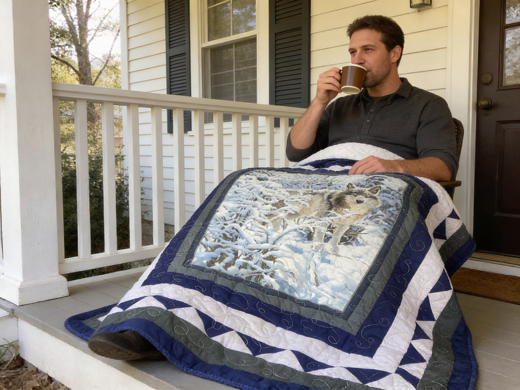 Handmade Wolf Winter Scene Quilt – Cozy full/ throw Blanket with Royal Blue Backing  comforter bedspread duvet cover