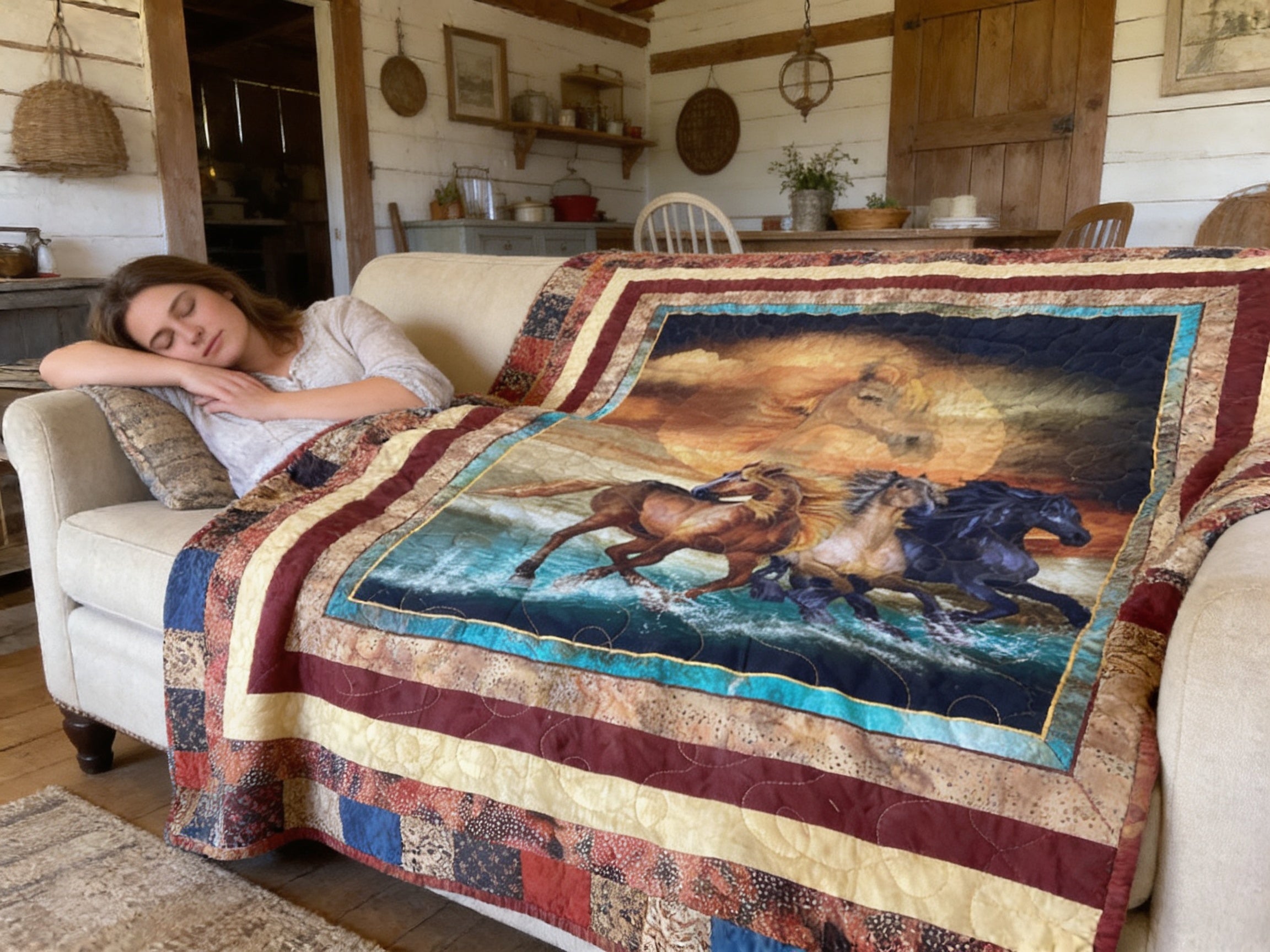 Handmade Horse Quilt Full Size – One-of-a-Kind Running Horses Blanket comforter bedspread duvet cover throw blanket