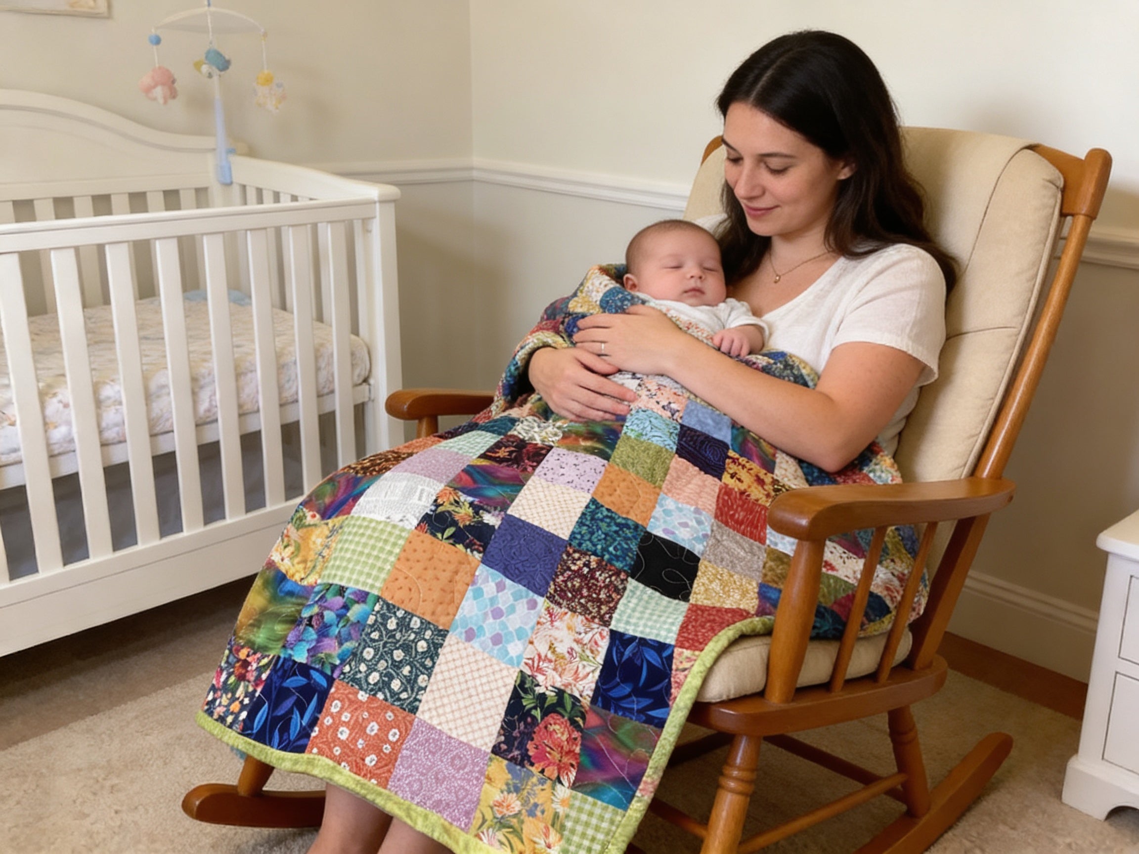 Rainbow Patchwork Quilt – Boho Baby Blanket, Nursery Decor, Cotton Fabric, Peacock Trim