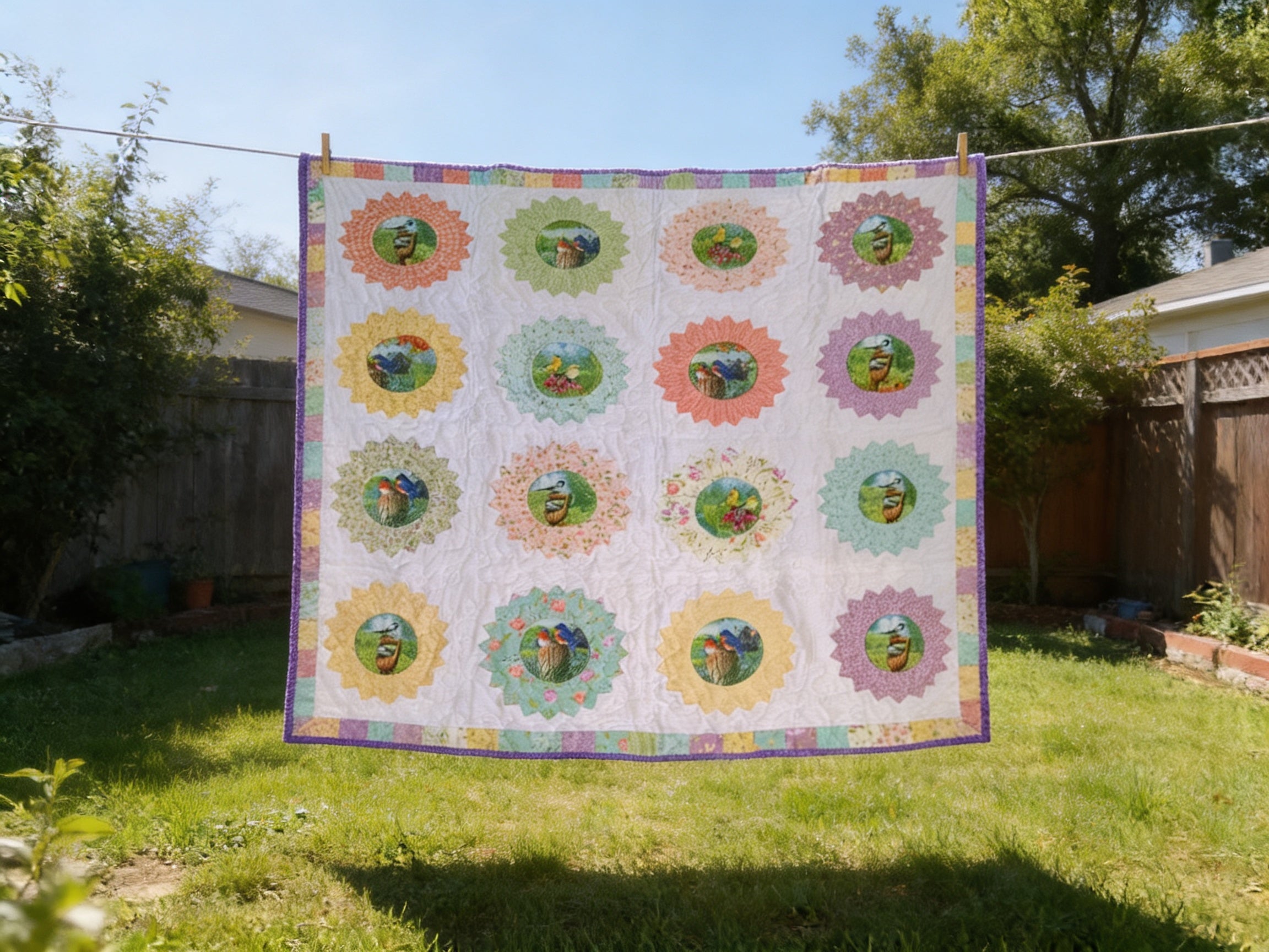 Personalized Bird & Flower Quilt - Handmade Throw Blanket comforter bedspread duvet cover gift idea