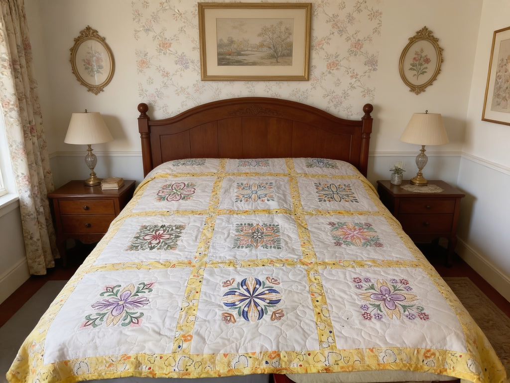 Embroidered Heirloom Quilt in Blooming Rainbow Florals  comforter bedspread throw blanket gift idea