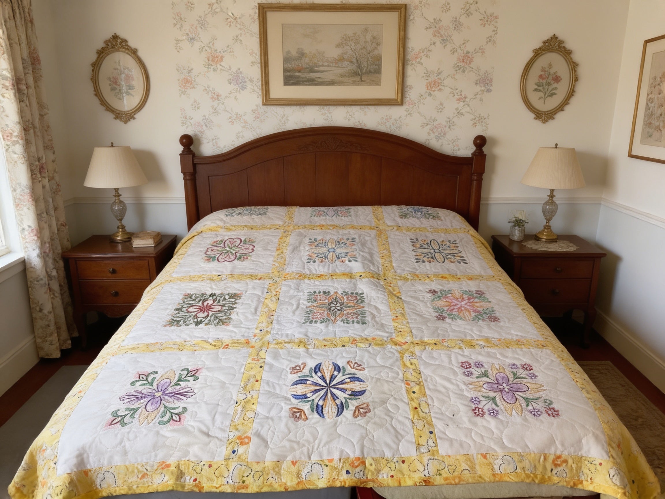 Embroidered Heirloom Quilt in Blooming Rainbow Florals  comforter bedspread throw blanket gift idea