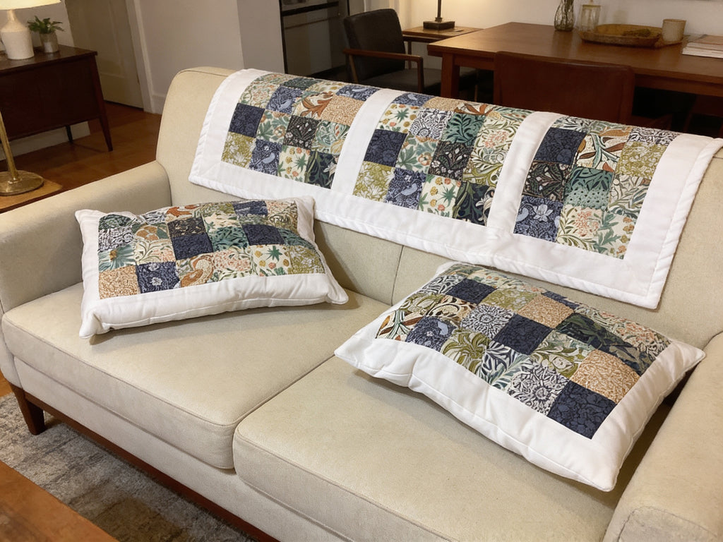 Handmade Blue Floral Cotton Pillow & Bed Runner Set comforter bedspread gift idea