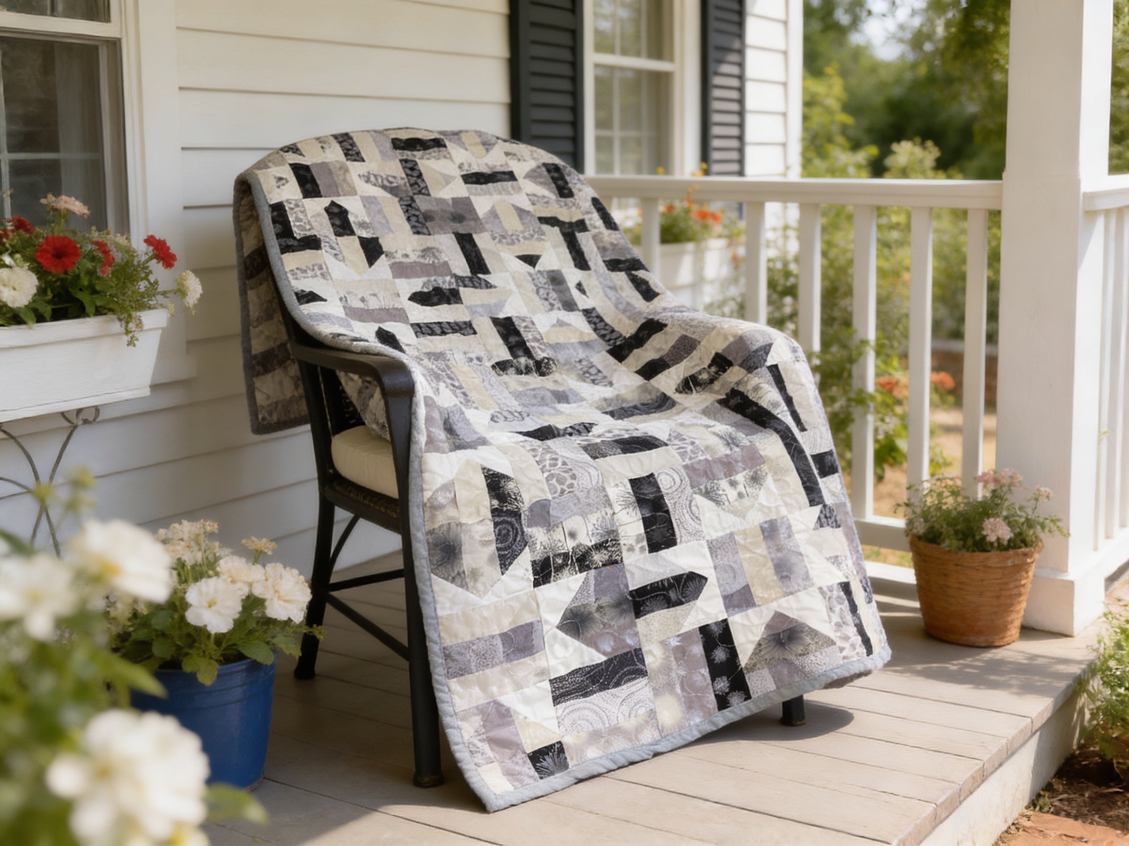 Light weight Handmade Black White Gray Patchwork Quilt – Modern Throw Blanket – 69x69 Bedspread – One of a Kind Quilt Gift comforter