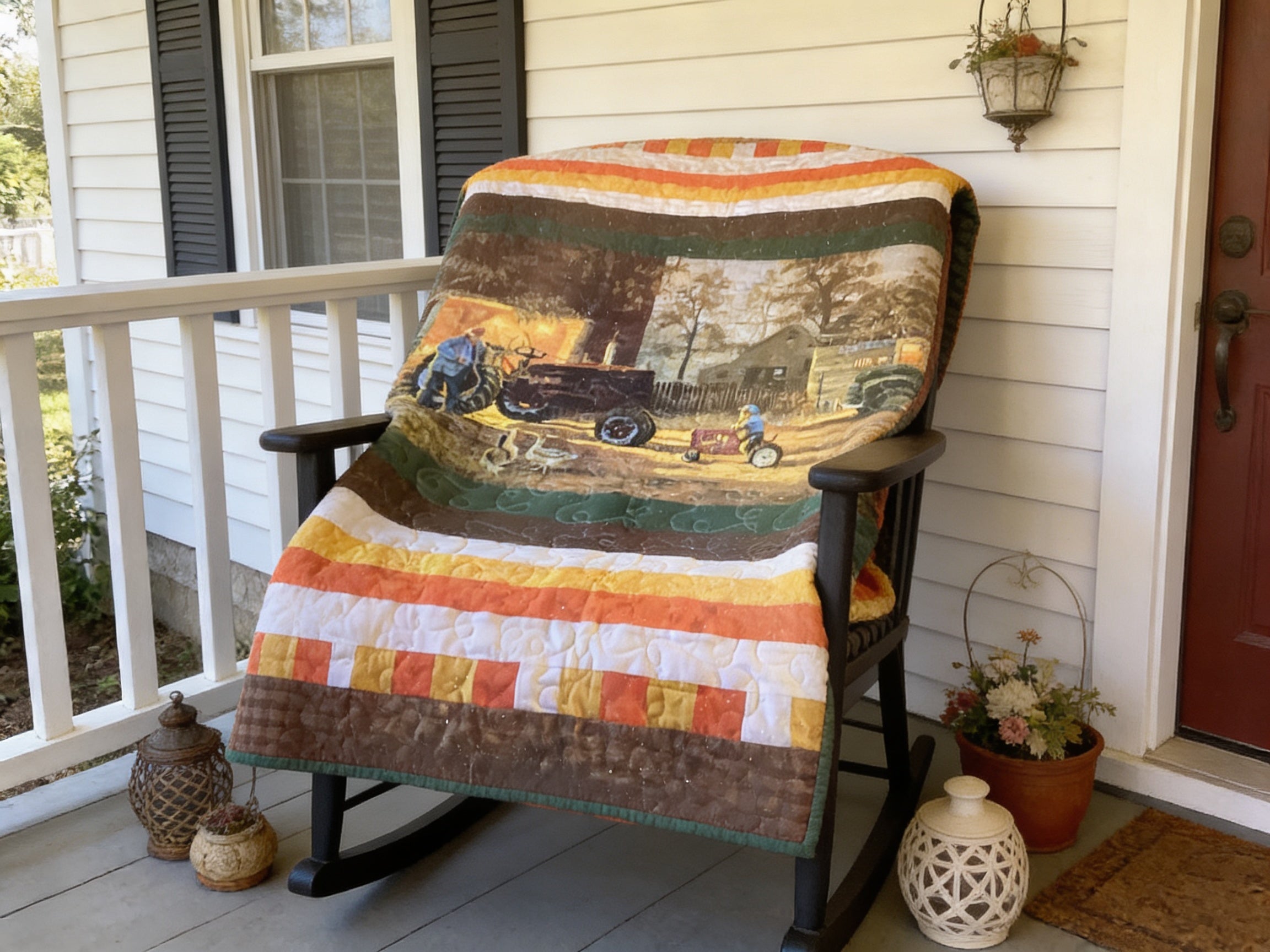 Farmhouse Scene Quilt – Queen Size, Reversible Cotton Bedding  comforter bedspread duvet cover