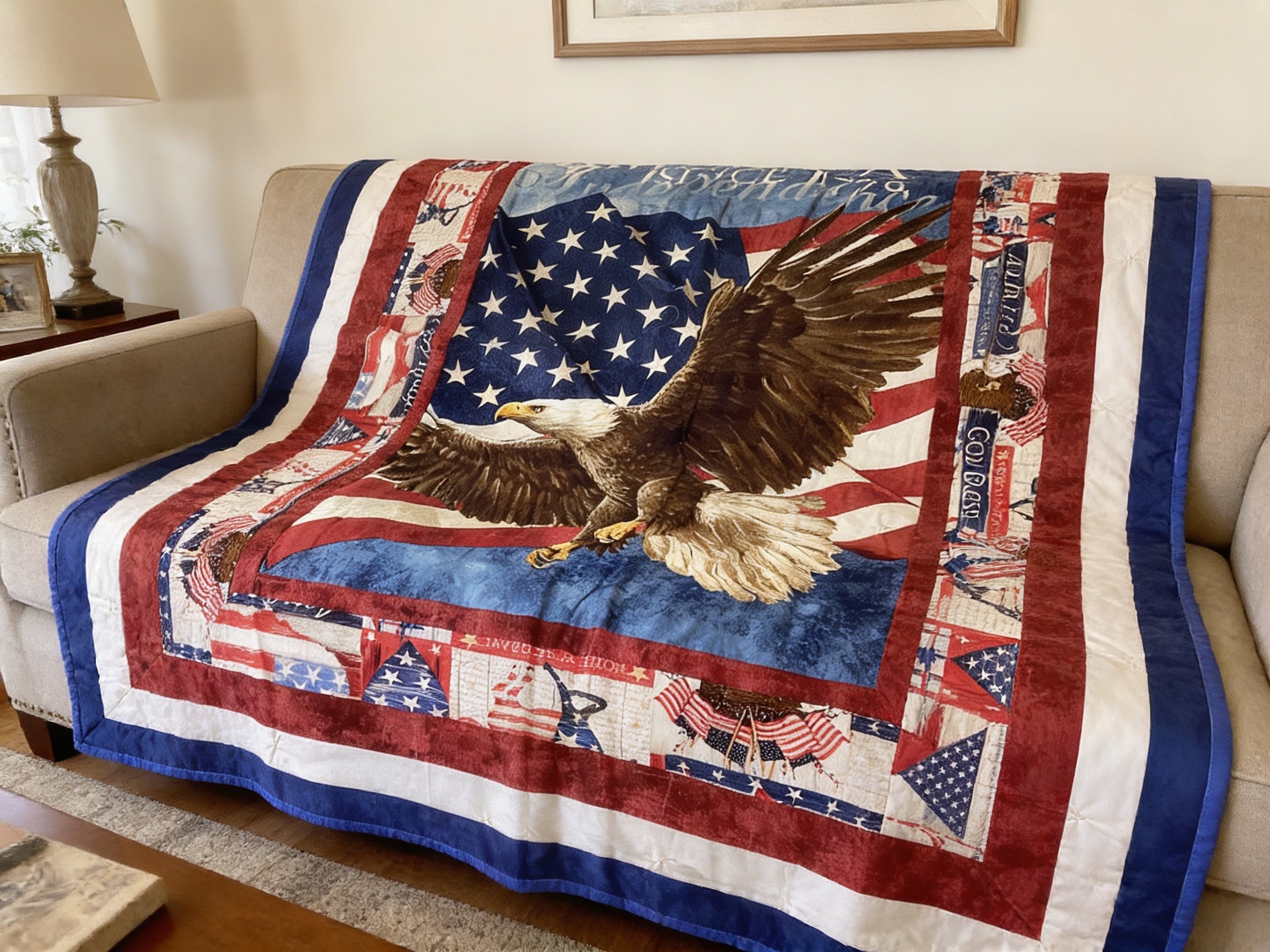 All American Eagle Quilt – Hand-Tied Cotton Throw Blanket, Patriotic Home Decor